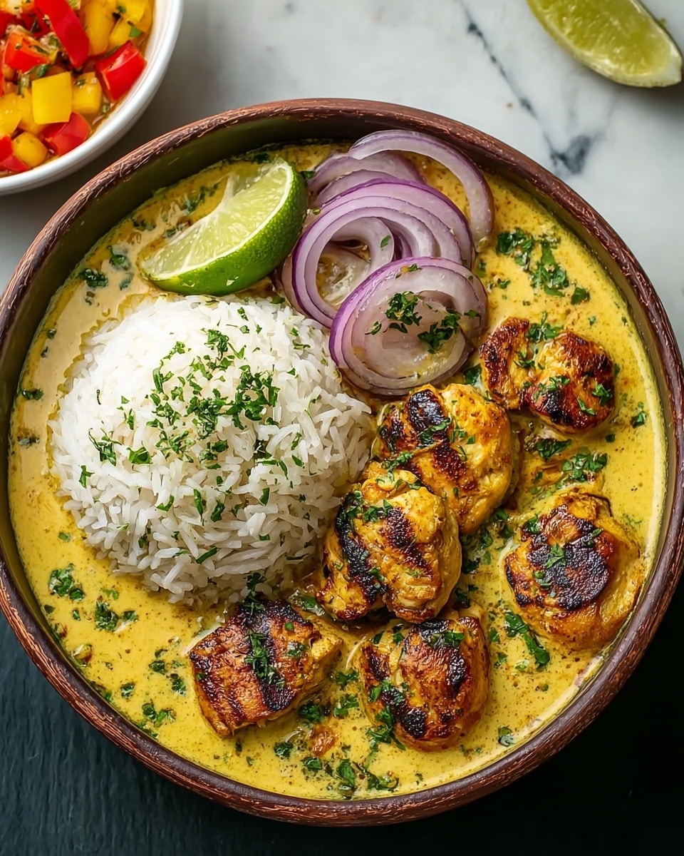 The image shows a round white bowl filled with a colorful dish sitting on a white marbled surface. Inside, there is a bed of fluffy white rice on one side, with four dark golden brown grilled pieces of chicken placed on top of a rich yellow curry sauce that fills the rest of the bowl. Thinly sliced red onions and red chilies are placed over the rice, along with small green herbs scattered on the chicken and around the dish. A half lime is partially visible near the top left corner of the bowl. The colors are warm and vibrant, with a mix of smooth and slightly crunchy textures visible. photo taken with an iphone --ar 4:5 --v 7