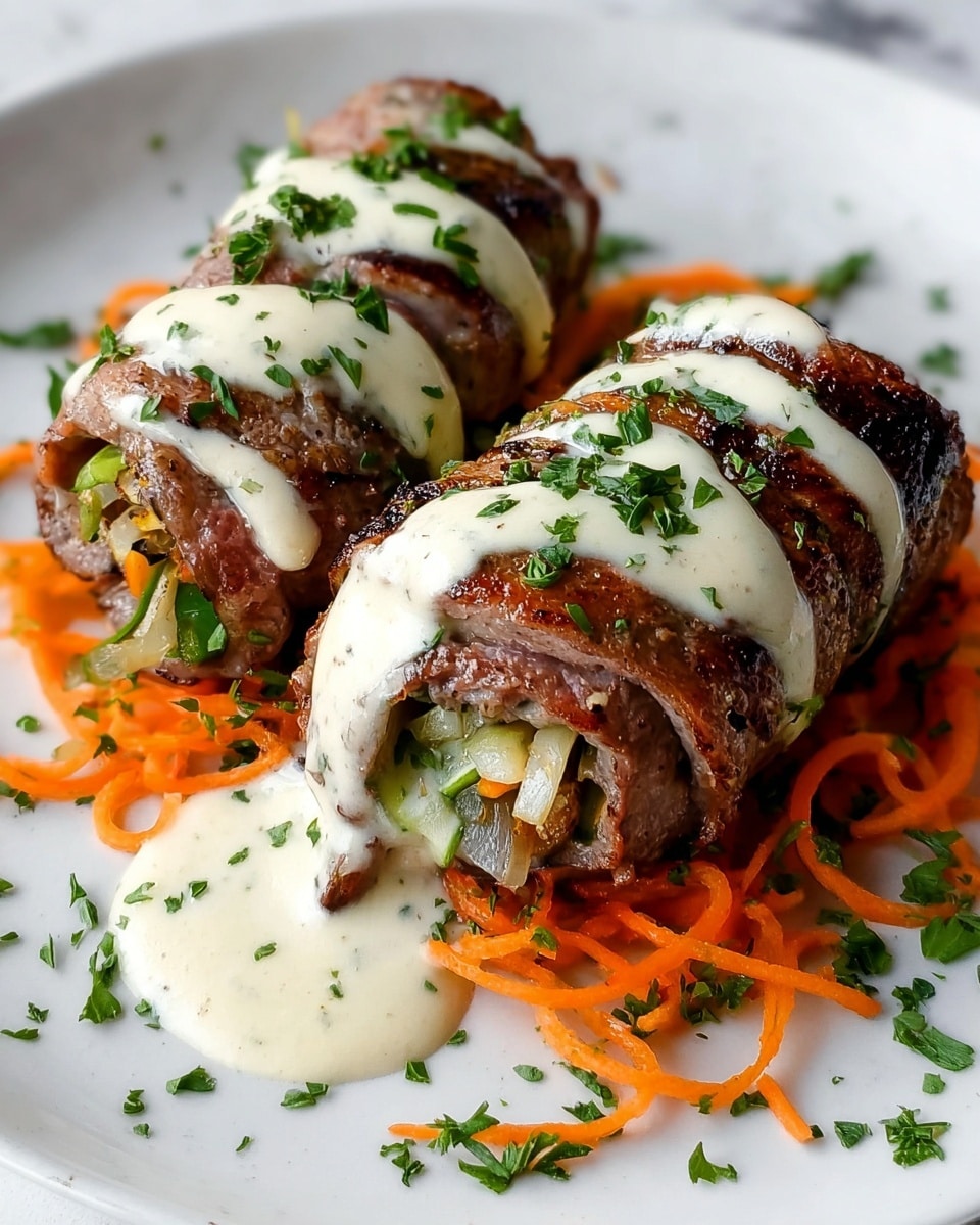 Two pieces of grilled meat rolls sit on a bed of thin orange carrot strips on a white plate. Each roll is made up of tightly wrapped layers of browned, slightly charred meat with visible green and white vegetable filling inside. A thick, creamy white sauce is drizzled generously over the top of both rolls, sprinkled with chopped green herbs. The plate is set on a white marbled surface with a few scattered bits of herbs around. photo taken with an iphone --ar 4:5 --v 7