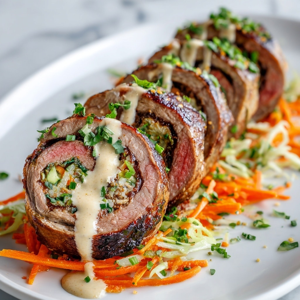 The image shows a close-up of a stuffed beef roulade sliced at the front, revealing inner layers of light melted cheese and whole green asparagus tips wrapped inside medium-rare beef with a brown seared outer crust. The roulade is topped with a creamy light beige sauce drizzled in thick stripes and sprinkled with fresh chopped green herbs. The roulade sits on a bed of shredded bright orange carrots and pale green vegetable slaw that is also sprinkled with herbs. The dish is arranged on a white plate placed on a white marbled surface. photo taken with an iphone --ar 4:5 --v 7