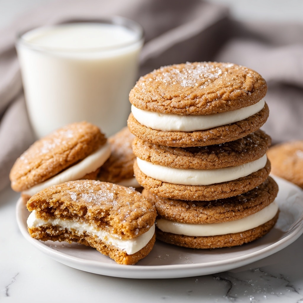 A stack of six sandwich cookies is arranged on a white plate, each cookie having two soft, brown, sugar-coated layers with a thick, smooth white cream layer in the middle. The cookies have a slightly cracked texture on top with sparkling sugar crystals visible. Behind the plate is a clear glass filled with milk, and a soft gray cloth rests in the background, all placed over a white marbled surface. photo taken with an iphone --ar 4:5 --v 7