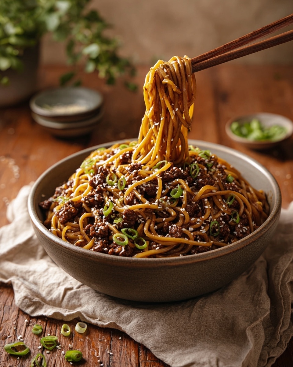 A black wok filled with glossy, cooked noodles coated in a spicy reddish-brown sauce, lifted by a wooden spatula showing the noodles twisted in a tall bundle. The noodles are mixed with small chunks of browned tofu, sprinkled with sesame seeds and tiny green onion pieces throughout. Steam rises from the hot dish, and the wok sits on a lit stove burner with a soft blue flame. The background has a white marbled texture. photo taken with an iphone --ar 4:5 --v 7