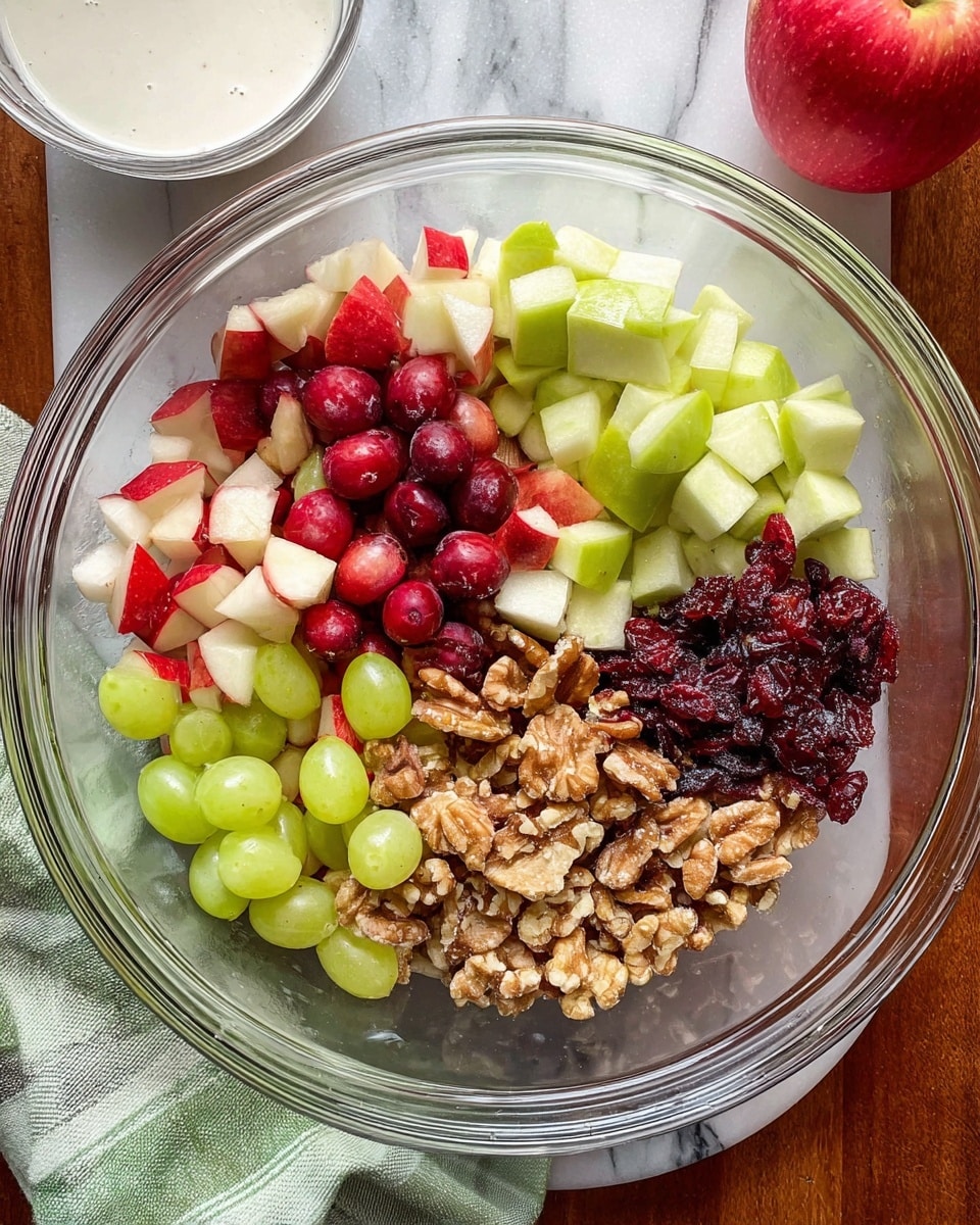 This image shows a wooden bowl filled with a colorful mix of chopped red apples, green grapes, red grapes, pecan nuts, and pieces of walnuts. The fruits and nuts create a vibrant and fresh look with red, green, and brown colors all mixed evenly. The textures vary with the smooth skins of the grapes and apples, and the rough, crunchy nut pieces scattered throughout. The bowl sits on a white marbled surface, enhancing the natural colors of the fruit salad. Photo taken with an iphone --ar 4:5 --v 7