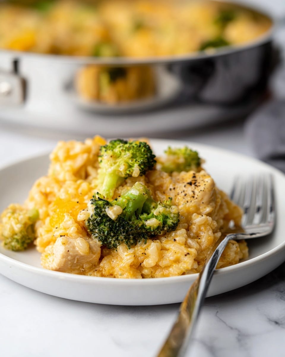 A close-up view of a creamy dish served on a white plate resting on a white marbled surface. The dish has about three layers: the base layer is soft orange-yellow cheesy rice mixed with small chunks of white chicken, the middle layer includes bright green broccoli florets, and the top layer is sprinkled with black pepper for seasoning. The texture throughout is creamy and slightly mixed, holding the ingredients together. A silver fork lies diagonally on the right side of the plate, ready to dig in, and in the softly blurred background, a shiny silver pan filled with more of the same dish is visible. photo taken with an iphone --ar 4:5 --v 7