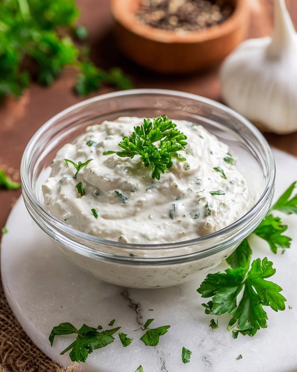 A clear glass bowl filled with thick, creamy white dip that has small green herb pieces mixed in. Fresh green parsley leaves are sprinkled on top for decoration. The bowl is placed on a white marbled surface with some fresh parsley sprigs nearby. In the background, there is a garlic bulb and a round wooden dish with black pepper, slightly blurred. Photo taken with an iphone --ar 4:5 --v 7