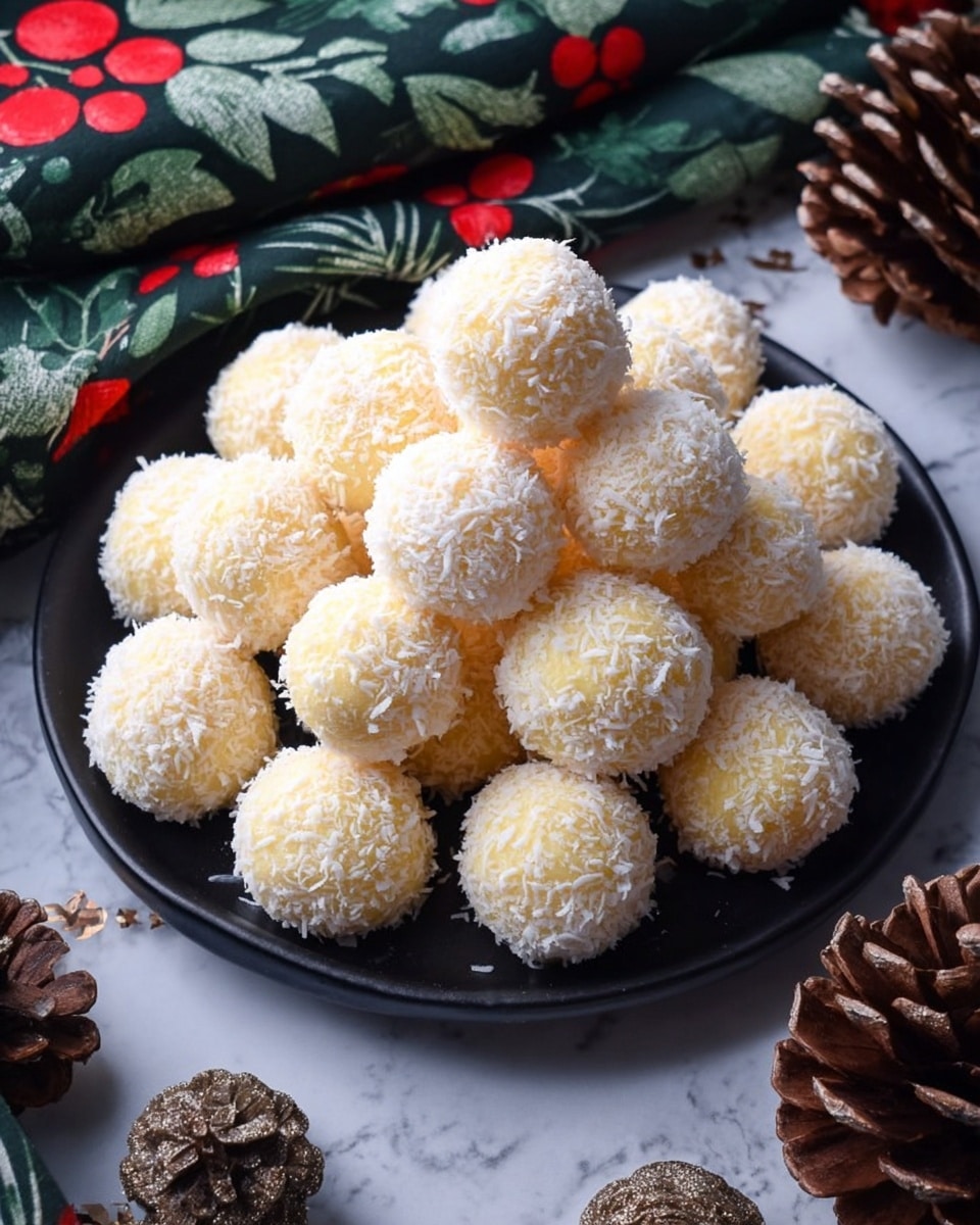 A close-up view of a white plate filled with round coconut balls, each coated evenly with shredded white coconut flakes giving a fluffy outer texture. One coconut ball is cut in half and placed near the center showing a creamy, yellow, finely textured inside. In the background, there are green pine leaves and bright red berries that add a festive touch. The whole scene is placed on a white marbled surface. photo taken with an iphone --ar 4:5 --v 7