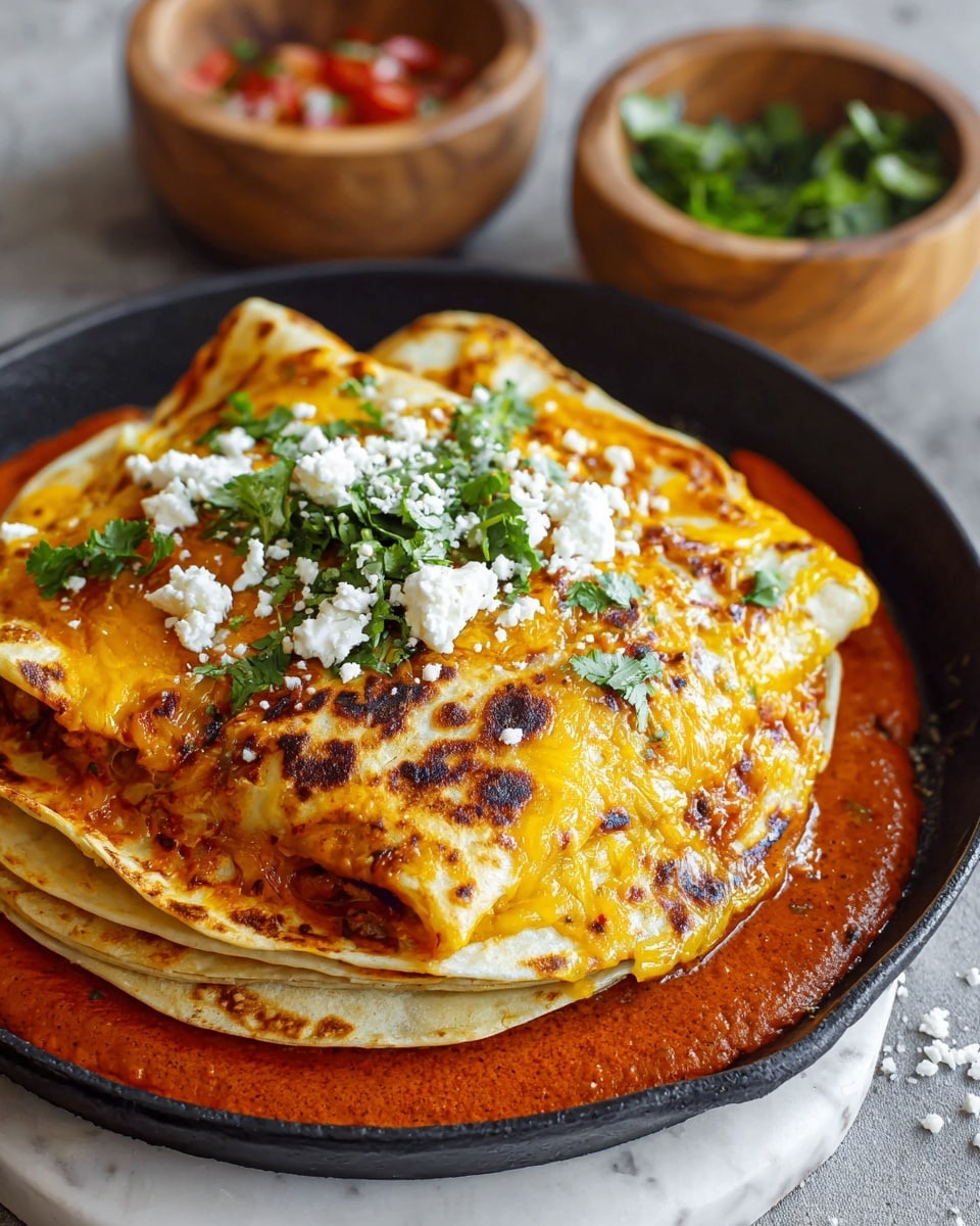 A dark round plate holds three folded enchiladas, each covered in a bright red sauce with a smooth texture, drizzled unevenly with white cream sauce, and sprinkled with white crumbly cheese and green cilantro leaves. Around the plate are small white bowls containing extra crumbly cheese, red sauce, and chopped green cilantro. The whole scene is set on a white marbled surface with a lightly striped cloth nearby. photo taken with an iphone --ar 4:5 --v 7