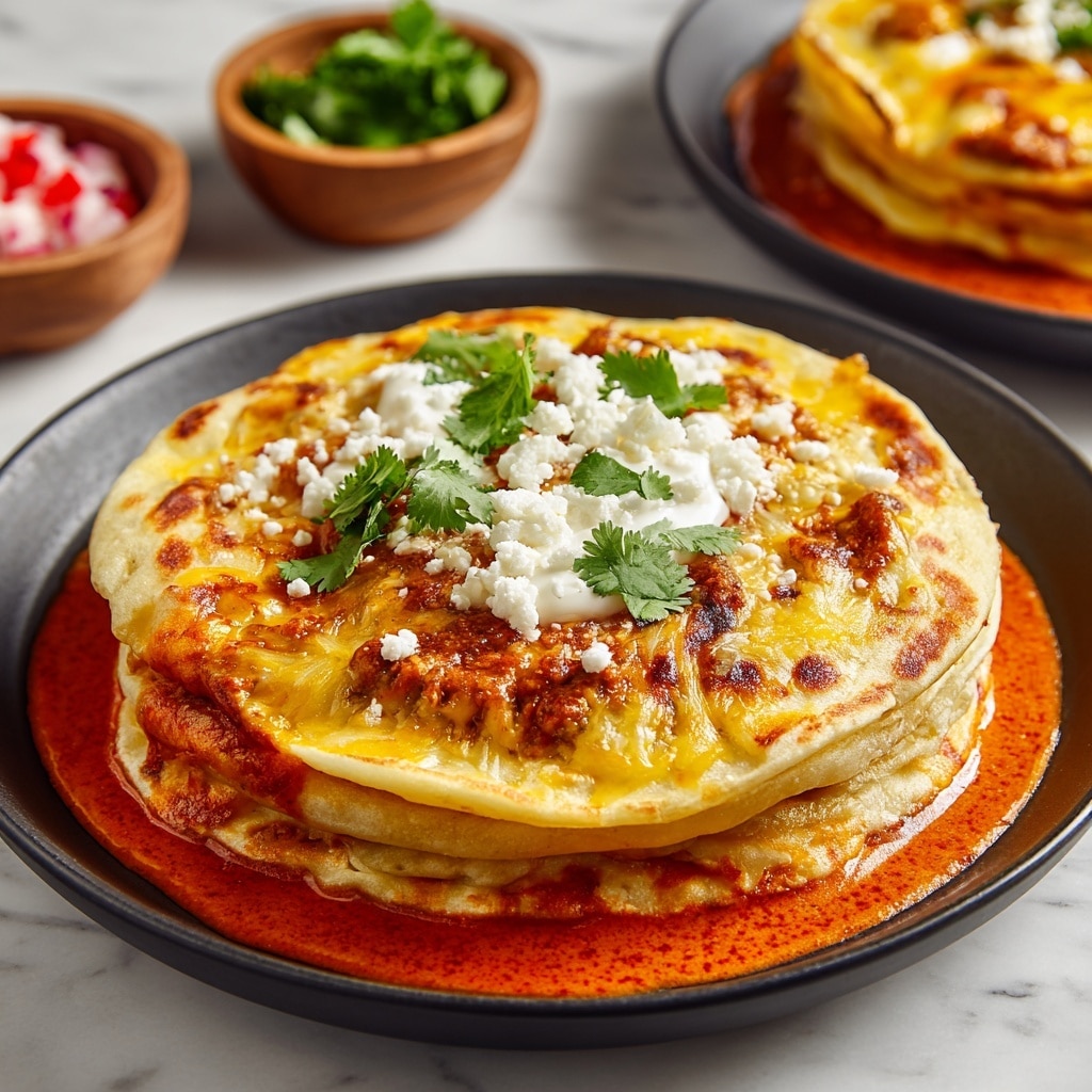 A black pan holds a stack of three folded tortillas on a white marbled surface. The bottom layer is a soft tortilla, covered with thick, bright orange-red sauce. On top of this is a second tortilla folded in quarters, slightly browned, and covered with melted yellow cheese that has some darker brown, crispy spots. The top layer is a golden-brown tortilla with more melted cheese, topped with dollops of white sour cream, crumbled white cheese, and fresh green cilantro leaves scattered across. Two small wooden bowls with chopped red and green ingredients are blurred in the background. Photo taken with an iphone --ar 4:5 --v 7