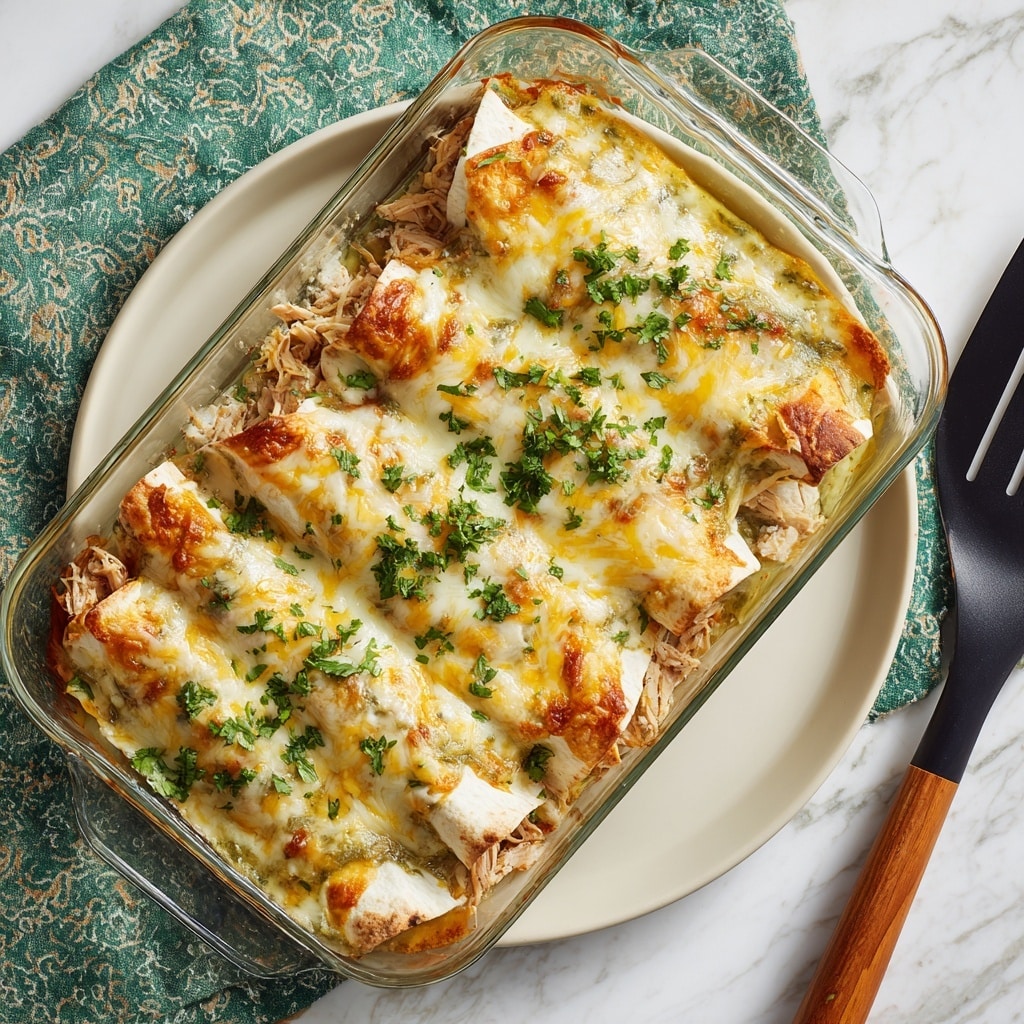 The image shows two rolled enchiladas on a white plate, covered in a creamy green sauce and melted yellow and white cheese, topped with fresh chopped green cilantro. The enchiladas reveal a filling of shredded chicken inside. A silver fork holds a bite-sized piece of the enchilada, resting partly on the plate with some sauce spread around it. The plate sits on a white marbled texture, with a glass baking dish filled with more enchiladas blurred in the background. Photo taken with an iphone --ar 4:5 --v 7