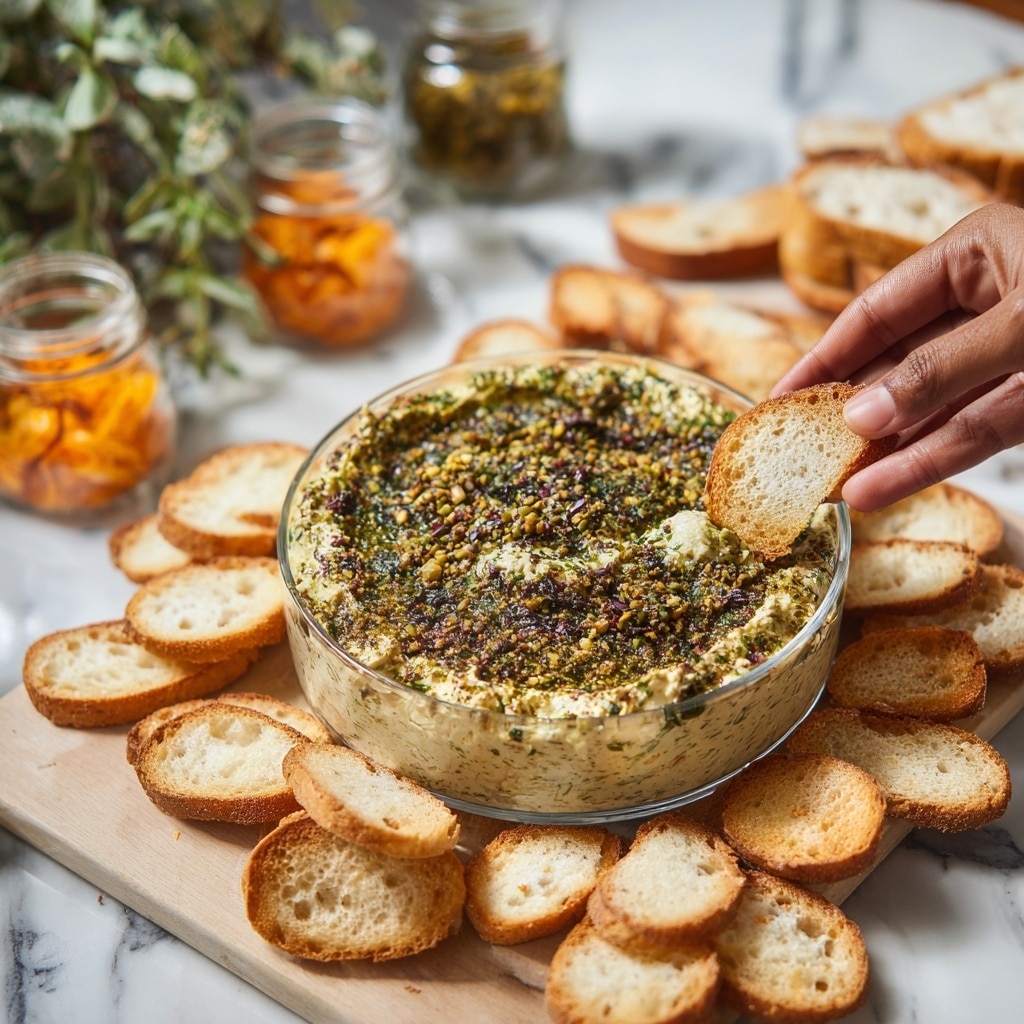 The image shows a clear glass round dish filled with a creamy white dip base topped with a bright yellow-orange layer that looks like melted cheese or sauce mixed with herbs and small bits of mushrooms scattered evenly on top. Around the dish, there are slices of toasted bread pieces in light brown color, placed on a wooden surface. In the background, there are small glass jars with orange contents and some green leafy plants on a white marbled texture. A woman's hand is holding one piece of bread near the dish. Photo taken with an iphone --ar 4:5 --v 7