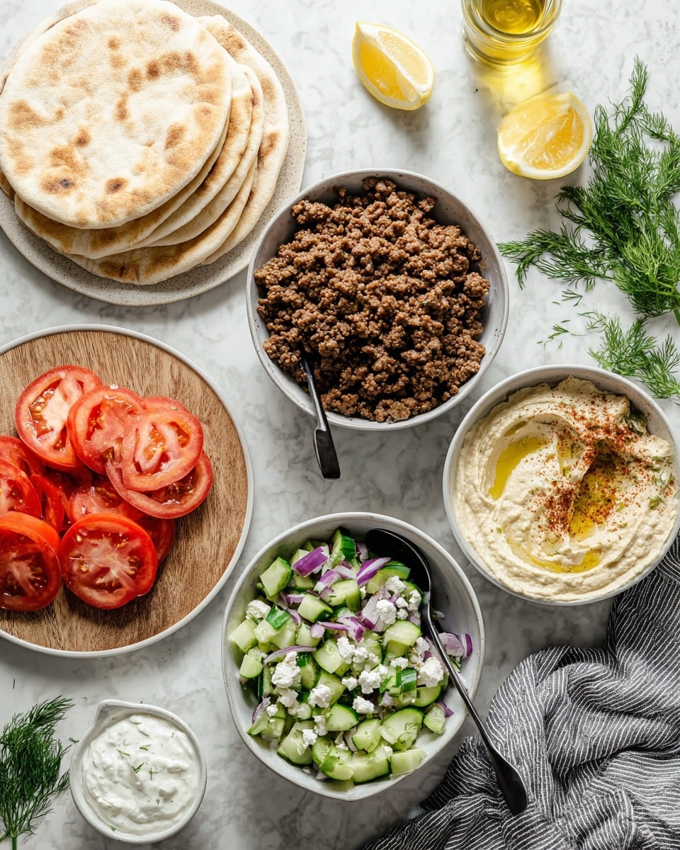 A white bowl filled with chunky browned ground meat sits at the top center with a black spoon inside it. To the right, another white bowl holds creamy hummus topped with a drizzle of olive oil, sprinkled with spices and small green herbs. Below the hummus, a third white bowl contains a fresh cucumber salad with cubed green cucumbers, sliced red onions, and scattered white cheese crumbles, with a black spoon resting in it. Below the meat bowl and to the left, a round wooden board holds a neat stack of light brown pita breads. To the left of the board, a grey plate shows thinly sliced bright red tomatoes, while a small white bowl below has a white creamy sauce garnished with green dill. Lemon wedges are on a small white plate above the hummus. Green herbs and a glass bottle of golden olive oil are scattered around on a white marbled surface. A crumpled grey-striped cloth rests on the bottom right corner. Photo taken with an iphone --ar 4:5 --v 7