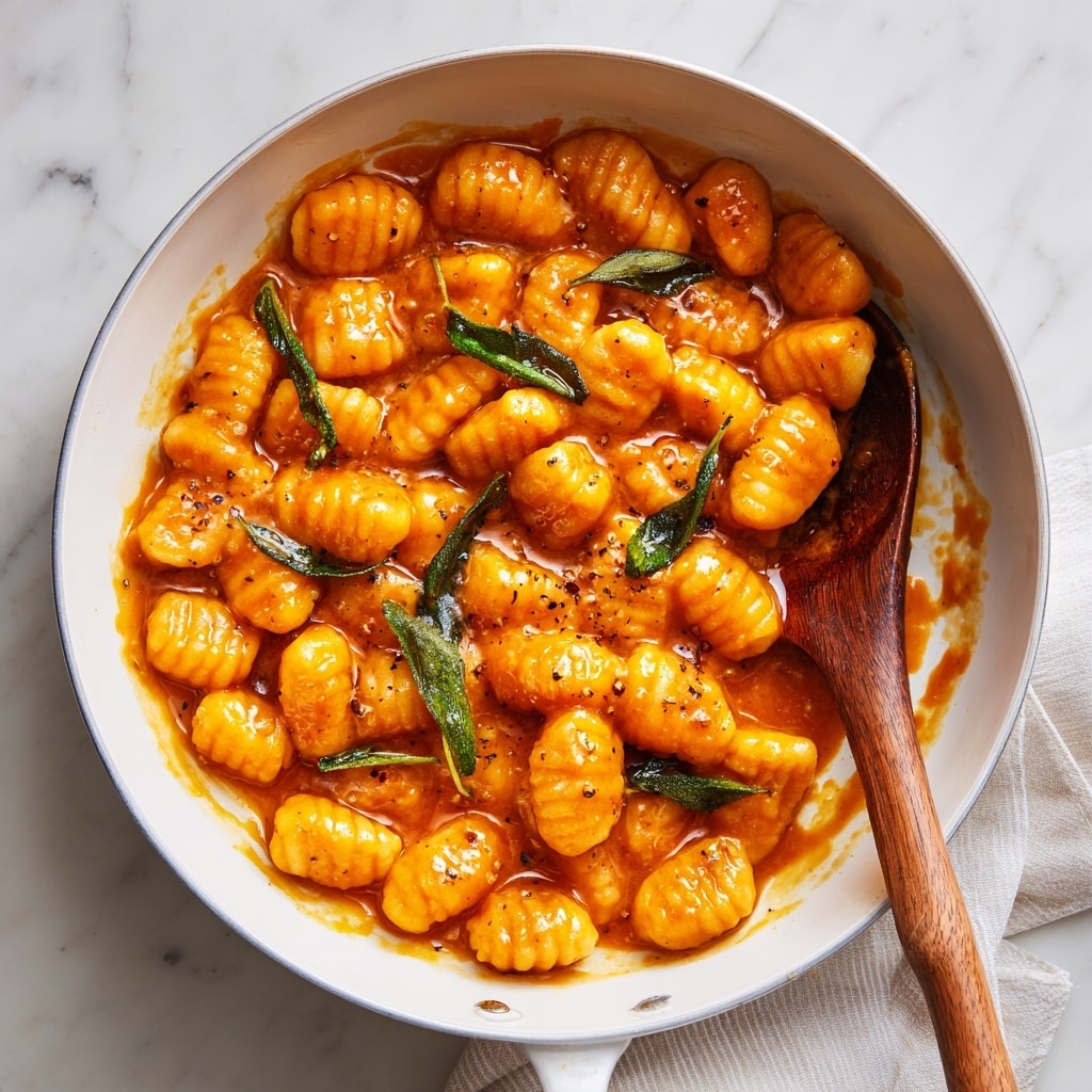 This image shows a white pot filled with bright orange gnocchi coated in a glossy sauce. The gnocchi pieces are plump and ridged, arranged closely together in the pot, with a few green sage leaves scattered on top. A wooden spoon rests inside the pot on the right side, partially covered in sauce. The pot is placed on a white marbled surface, with a glimpse of a white cloth napkin underneath. The sauce appears smooth and richly colored with visible spices. photo taken with an iphone --ar 4:5 --v 7