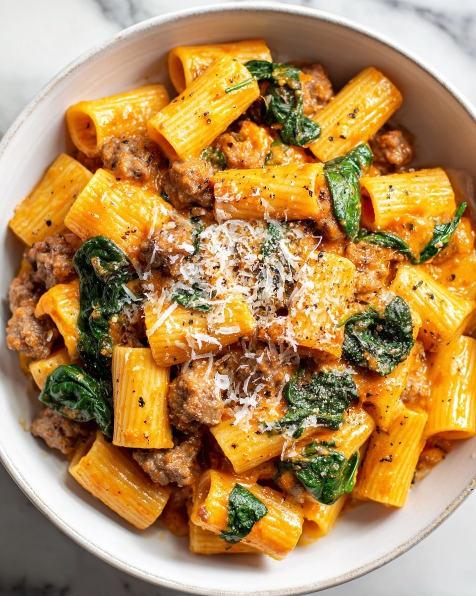 The image shows a black skillet filled with rigatoni pasta mixed with a creamy orange sauce. The pasta tubes are coated evenly and scattered with small pieces of cooked ground meat and wilted dark green spinach leaves. The sauce’s texture is smooth, making the rigatoni glisten, while the meat crumbles add a slightly coarse look. The skillet is placed on a white marbled surface, and beside it is a wooden bowl with red chili flakes. A woman's hand is slightly visible at the edge of the image, ready to serve. photo taken with an iphone --ar 4:5 --v 7