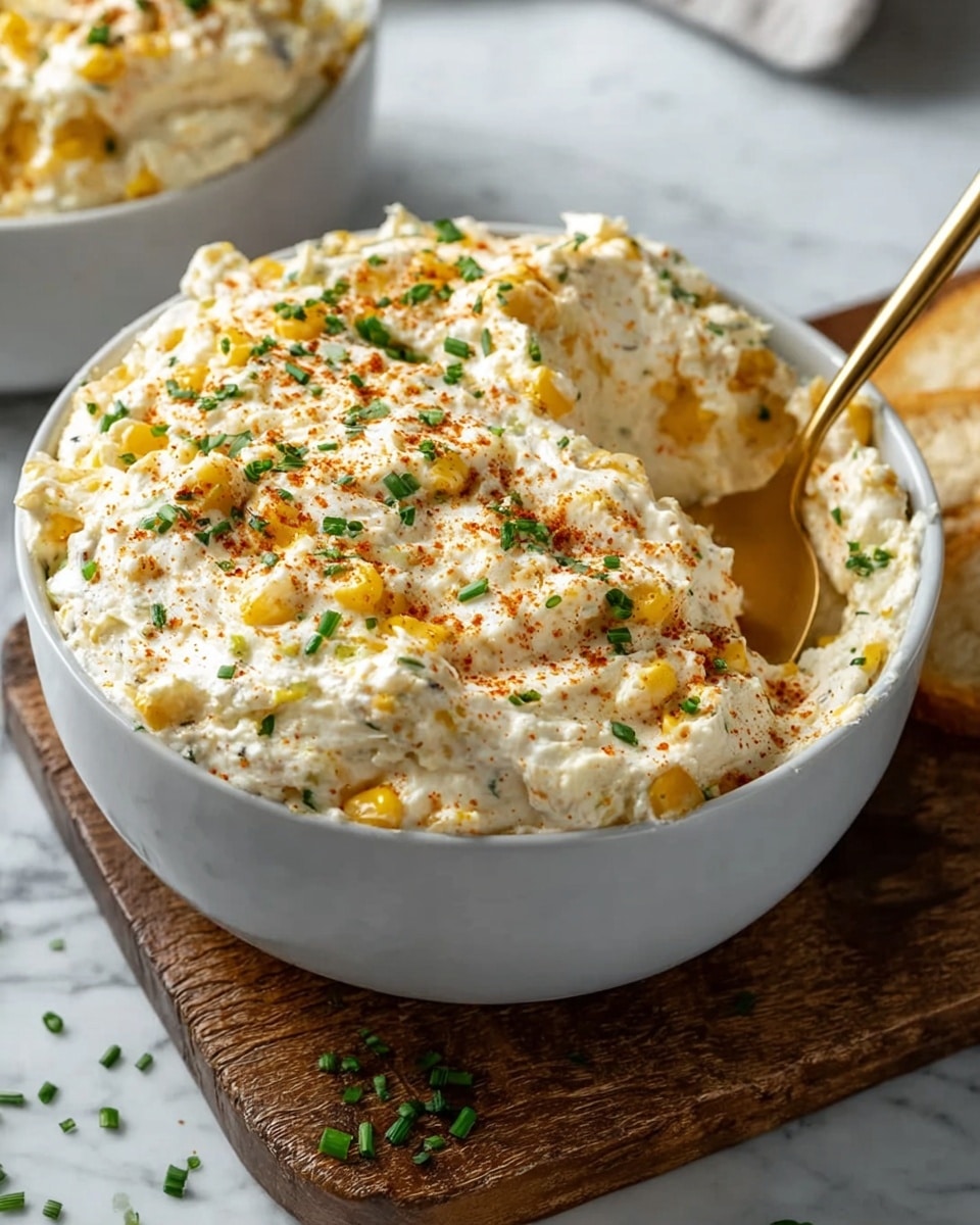A close-up view of a white bowl filled with a creamy mixture that has a textured, fluffy look with visible pieces of yellow corn and finely chopped green herbs sprinkled inside and on top. The surface of the mixture is dusted lightly with reddish seasoning, giving it a slightly speckled appearance. A gold spoon is dipped into the bowl on the right side, hinting at the thick consistency of the dish. The bowl sits on a rustic wooden board, and some small green herb pieces are scattered nearby on a white marbled surface. photo taken with an iphone --ar 4:5 --v 7