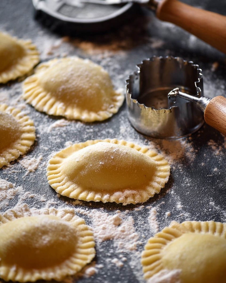 Several small, half-moon shaped pieces of dough filled with stuffing are placed on a dark floured surface with a dusting of white flour around them. Each piece shows a slightly raised, smooth, pale yellow dough layer on top with crimped edges that create a zigzag pattern. A round pastry cutter with a wooden handle and a scalloped metal edge is resting on the far right, slightly pressing into a piece of dough. A circular metal cutter is visible on the left side in the background. The scene gives a close-up view of raw ravioli being prepared. photo taken with an iphone --ar 4:5 --v 7