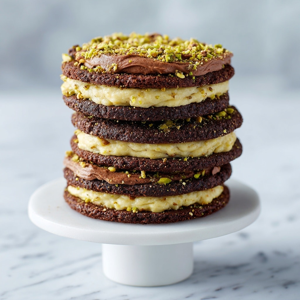 A tall stack of five dark chocolate cookies with light cream filling between each layer, creating a clear contrast between the dark brown cookies and pale yellow cream. The top layer is covered with a generous spread of chocolate frosting, sprinkled with chopped nuts in shades of gold and green. The stack sits on a simple white pedestal cake stand, placed on a white marbled surface in a soft-lit kitchen setting. photo taken with an iphone --ar 4:5 --v 7
