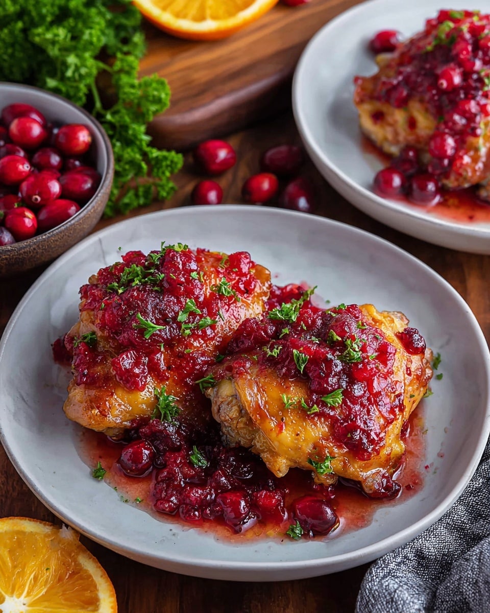 A black cast iron pan holds six golden-brown cooked pieces of chicken arranged in a circle with bright red cranberries scattered on top and around them. Fresh green sprigs of rosemary and thyme are placed as garnish over the chicken. A woman's hand is seen holding a silver spoon above the pan, pouring a thick red sauce over the chicken. Another man’s hand grips the pan handle wrapped in a white towel with red stripes. The pan sits on a white and red checked cloth on a white marbled surface, with a couple of green herb sprigs and two stacked beige bowls in the background. photo taken with an iphone --ar 4:5 --v 7