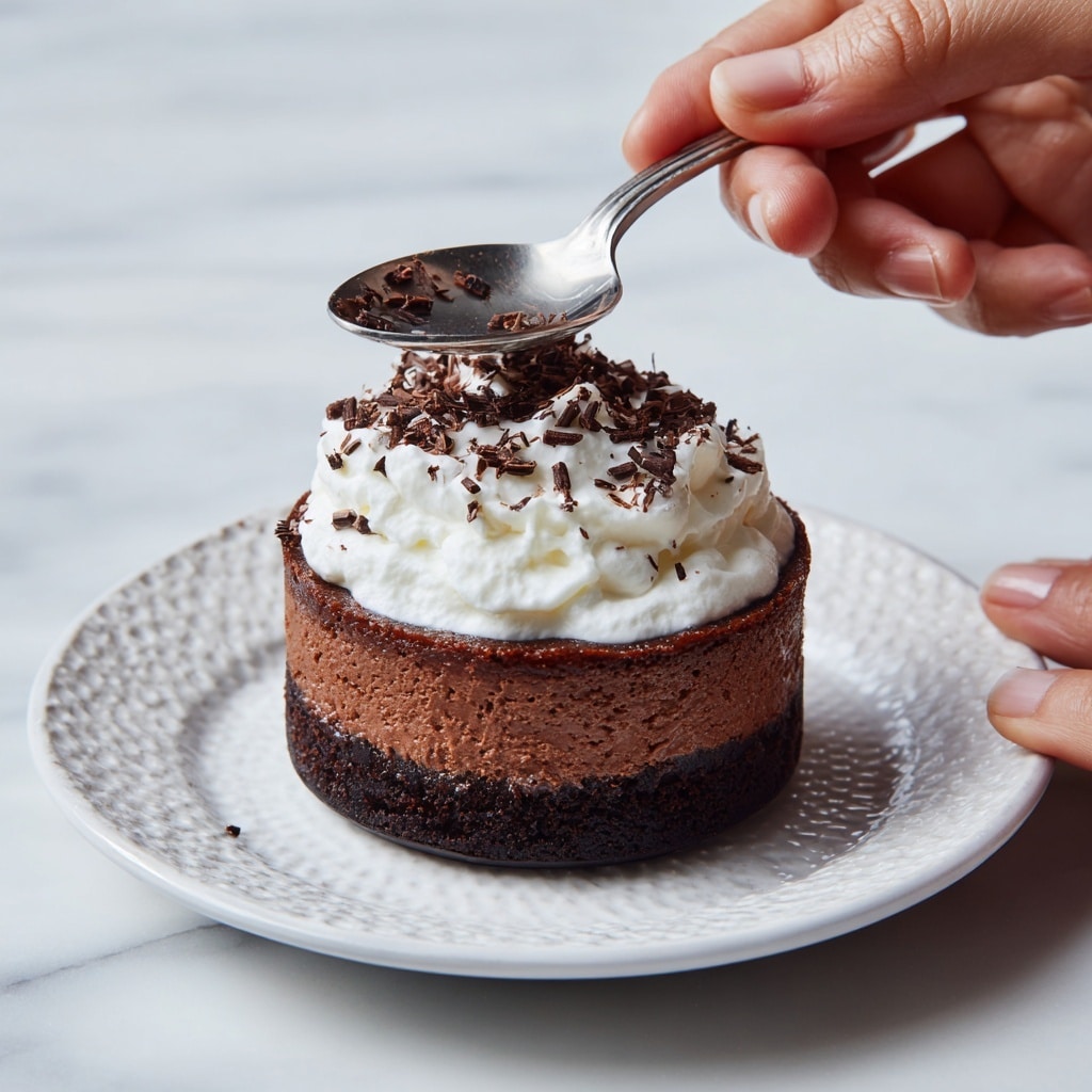 A small chocolate cake sits on a white patterned plate placed on a white marbled surface. The cake has two layers; the bottom layer is thick, dark brown, and dense, while the top layer is a lighter brown cream. On top of the cream layer, there is a generous dollop of white whipped cream sprinkled with small chocolate shavings. A woman's hand is holding a silver spoon above the cake, about to take a bite, while another woman's hand steadies the plate from the side. Photo taken with an iphone --ar 4:5 --v 7
