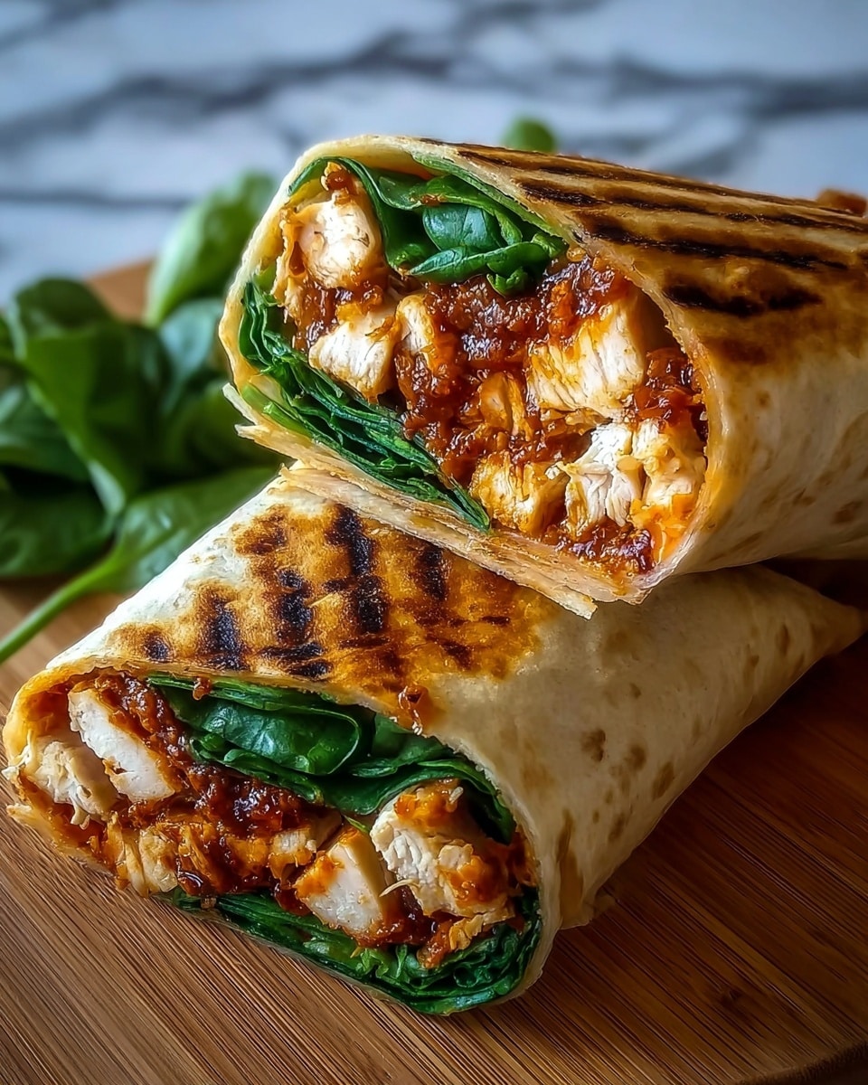 The image shows a grilled wrap cut in half and stacked, with the top half resting slightly on the bottom. The wrap's outer layer is golden brown with dark grill marks, crisp and slightly toasted. Inside, there is a layer of fresh, bright green spinach leaves sitting at the top and bottom, sandwiching chunks of tender white chicken pieces mixed with a rich, reddish-brown sauce that looks thick and glossy. The wrap is placed on a wooden board with some greens in the background, and the overall setting features a white marbled surface. photo taken with an iphone --ar 4:5 --v 7
