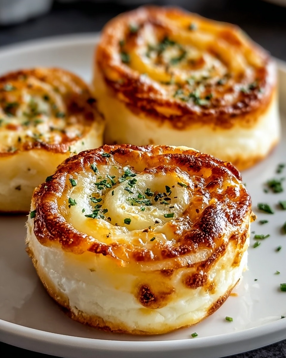 Three baked cheese rolls are shown on a white plate with a white marbled texture underneath. Each roll has two clear layers: a golden-brown, slightly crispy top layer with a swirl pattern and a soft, white cheese layer beneath. The top is sprinkled with small green herb bits, adding fresh color contrast. The edges are nicely browned, showing a perfect bake with a mix of smooth and textured surfaces. Photo taken with an iphone --ar 4:5 --v 7