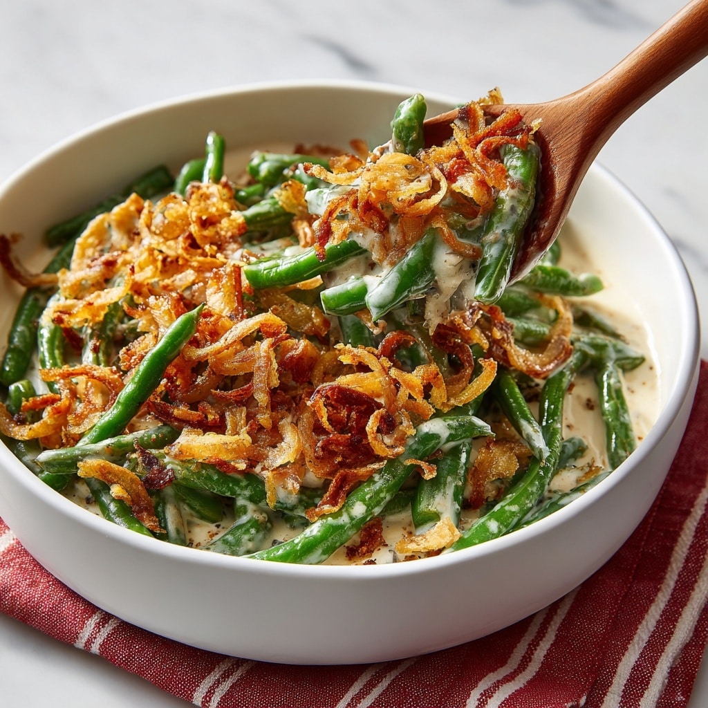 The dish is a baked casserole in a white speckled square baking dish with handles. The casserole has three visible layers: the bottom layer is a creamy sauce speckled with black pepper, the middle layer has green beans cut into pieces mixed with pieces of chicken, and the top layer is a thick, even cover of crispy, golden-brown fried onions. In the background, a white plate with a similar serving of casserole sits on a striped cloth, and a small clear bowl of whole cashew nuts is placed nearby, all on a white marbled surface. photo taken with an iphone --ar 4:5 --v 7