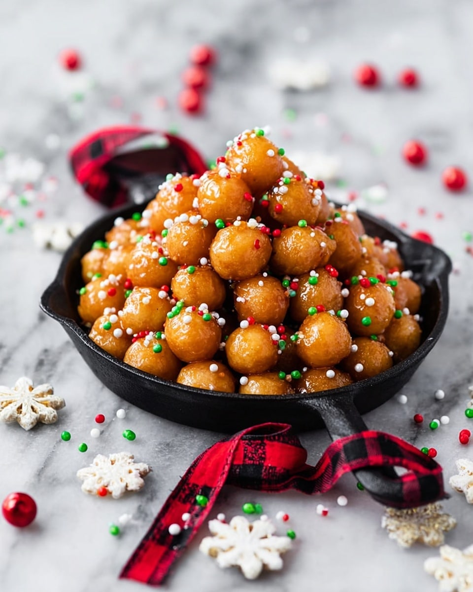 The image shows two small black cast iron pans shaped like Christmas trees and candy canes, each filled with shiny, round orange balls covered with small red, green, and white sprinkles, giving a colorful festive look. The pans have red and black checkered ribbons tied around their handles. To the right, a large white bowl is filled with plain shiny orange balls without sprinkles. The pans and bowl sit on a white marbled surface scattered with white snowflake-shaped sprinkles. In the bottom left corner, a white bowl contains red, green, and white round sprinkles next to a creamy white cloth. photo taken with an iphone --ar 4:5 --v 7