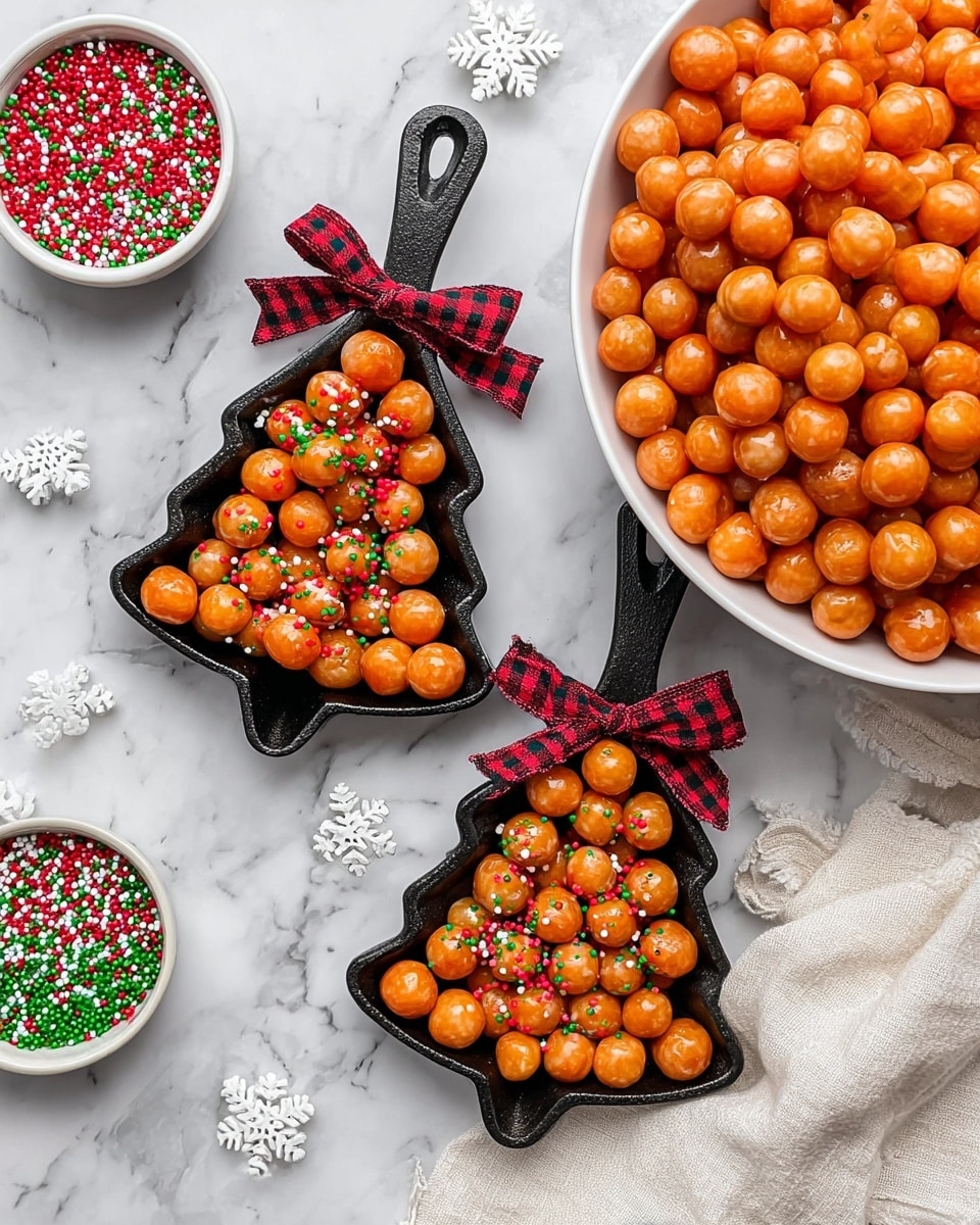 A black cast iron skillet filled with many small golden brown round balls piled high, each ball shiny and coated with a sticky glaze. Tiny colorful round sprinkles in red, green, and white are scattered all over the balls, adding bright pops of color. The skillet sits on a white marbled surface sprinkled with more colorful sprinkles and a few small white flower-shaped candies scattered around. A red and black checkered ribbon is tied around the skillet’s handle, which is extended away from the pile. The light shines softly, highlighting the glossy texture of the balls and the festive decoration, photo taken with an iphone --ar 4:5 --v 7