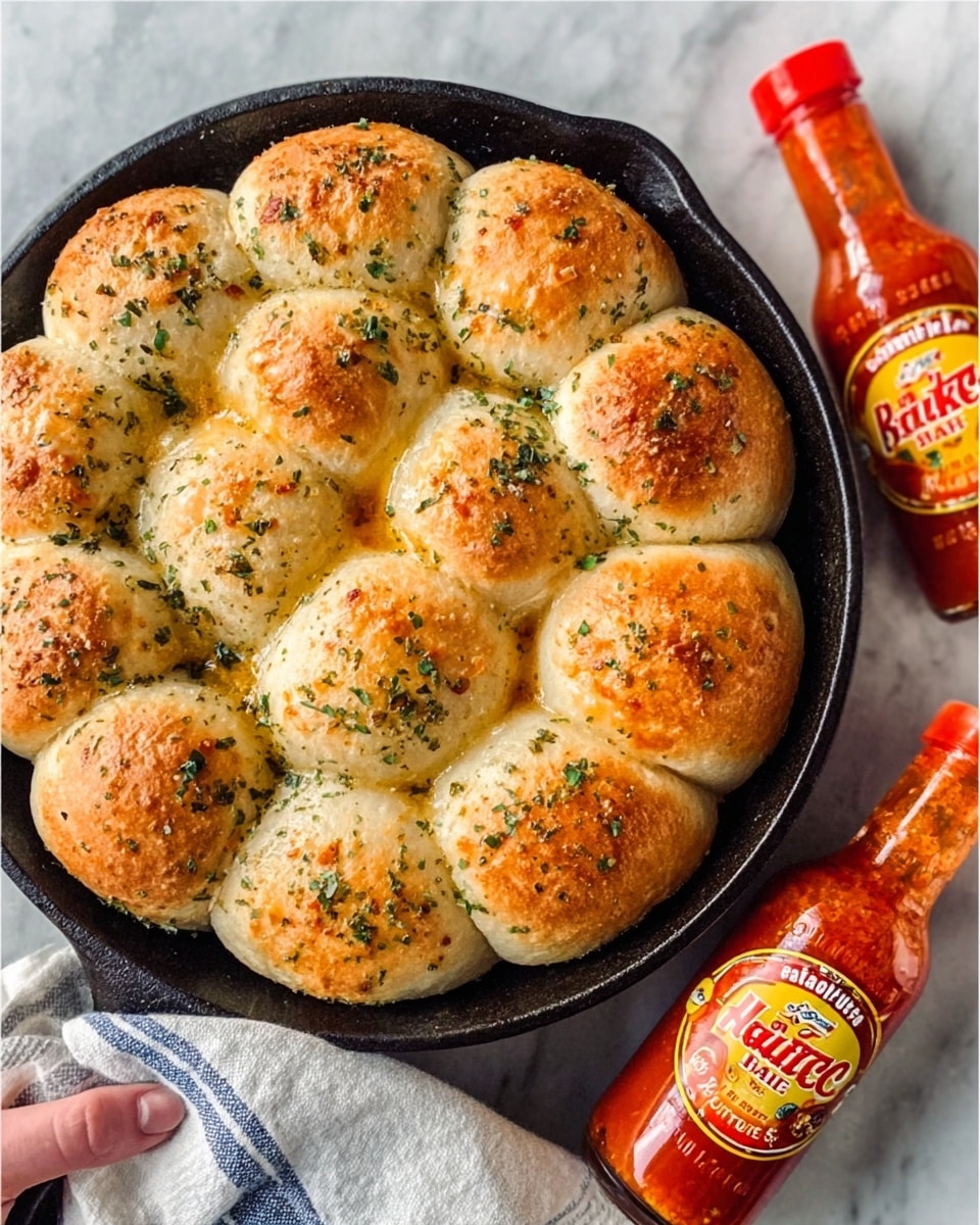 The image shows a black cast iron skillet filled with twelve fluffy, golden-brown garlic rolls arranged in a close circle, slightly touching each other. The rolls have a light crispy crust sprinkled with green herbs and small bits of melted butter visible on top. The skillet is placed on a white marbled surface, and next to it is a bright orange bottle of hot sauce with a red cap and colorful label. A woman's hand is holding the skillet handle, and a white and blue striped cloth is partly visible beside it. Photo taken with an iphone --ar 4:5 --v 7