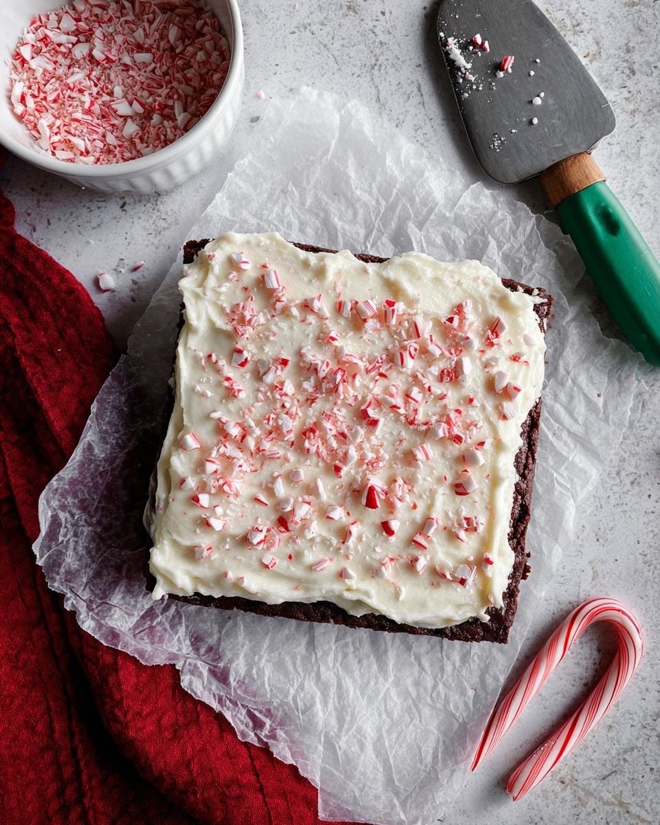 A square dark brown brownie base topped with a thick, fluffy white frosting layer spread unevenly. On the frosting, crushed red and white peppermint candy pieces are scattered all over, with a small whole peppermint candy cane placed near the center. The brownie piece with a bite missing is resting on crinkled white parchment paper, with more crushed candy dispersed around it on a white marbled surface. The remaining brownies are partially visible next to the bitten piece. photo taken with an iphone --ar 4:5 --v 7