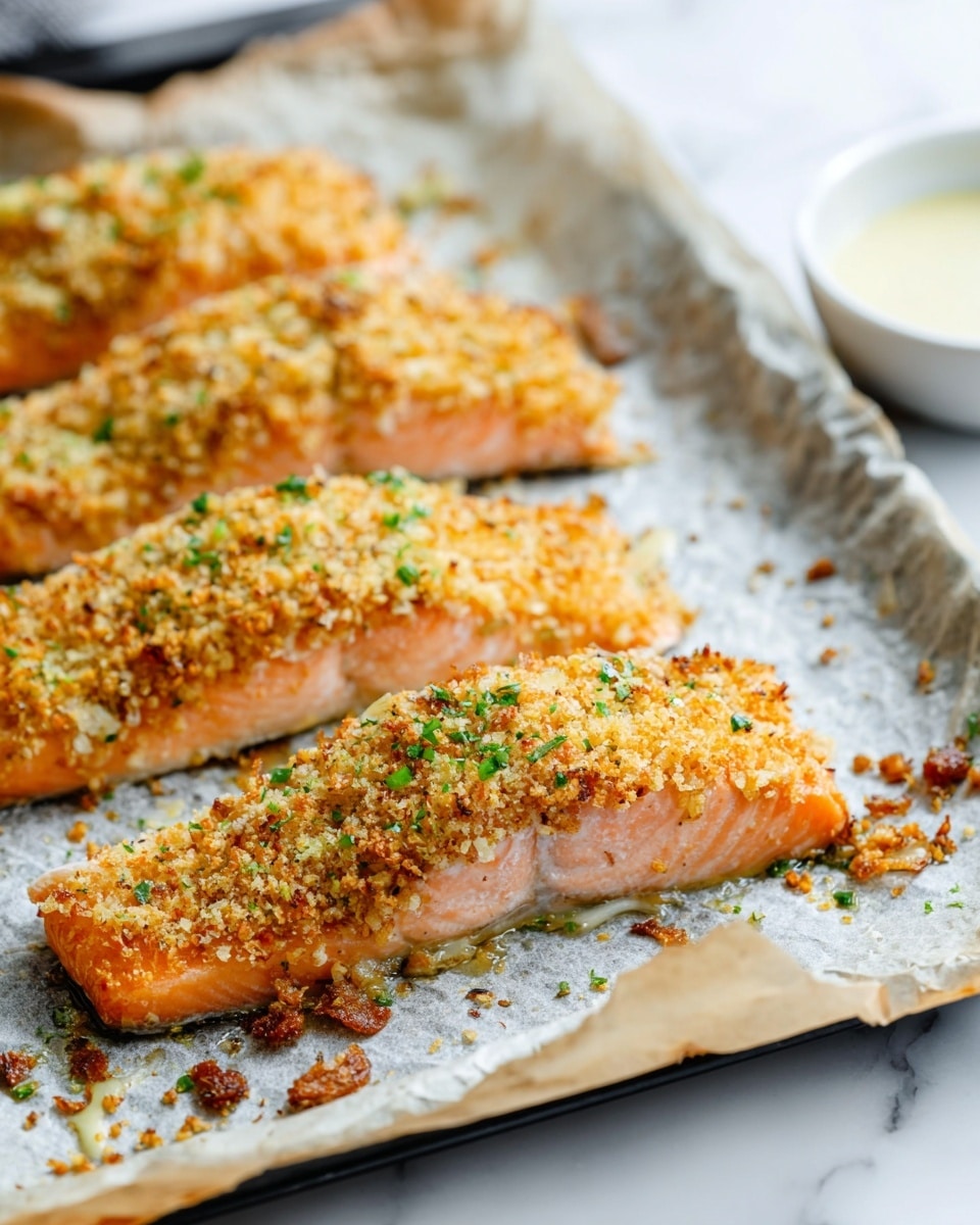 The image shows a white plate on a white marbled textured surface with a checkered cloth underneath. On the plate, there is a piece of baked salmon topped with a golden brown, crispy breadcrumb crust sprinkled with green herbs. The salmon inside is pink and flaky, with some flakes separated by a small gold fork. Next to the salmon, there is a serving of bright green steamed green beans arranged in a neat pile. The scene is softly lit, giving the food a fresh and appetizing look. photo taken with an iphone --ar 4:5 --v 7