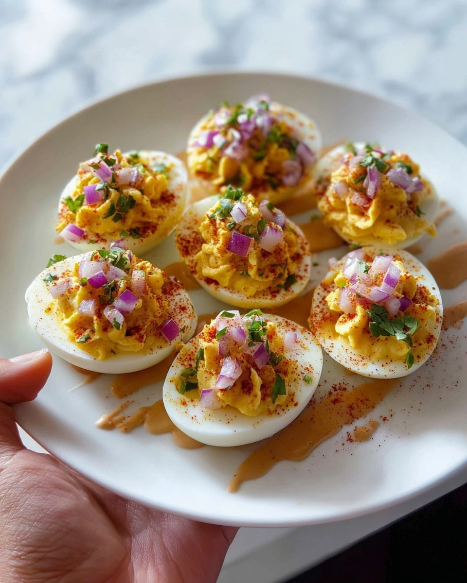 A white plate holds seven halved boiled eggs with smooth white edges as the base layer. Each egg half is filled with a fluffy, bright yellow mashed yolk mixture forming the second layer. On top of this, small cubes of purple-red onion and green herbs add spots of fresh color as the third layer. The eggs are sprinkled with a reddish-brown powder and light crumbs for texture. Light brown creamy sauce is drizzled over the top and dripping down the edges, creating a glossy finish. A woman's hand is holding the plate above a white marbled surface. Photo taken with an iphone --ar 4:5 --v 7