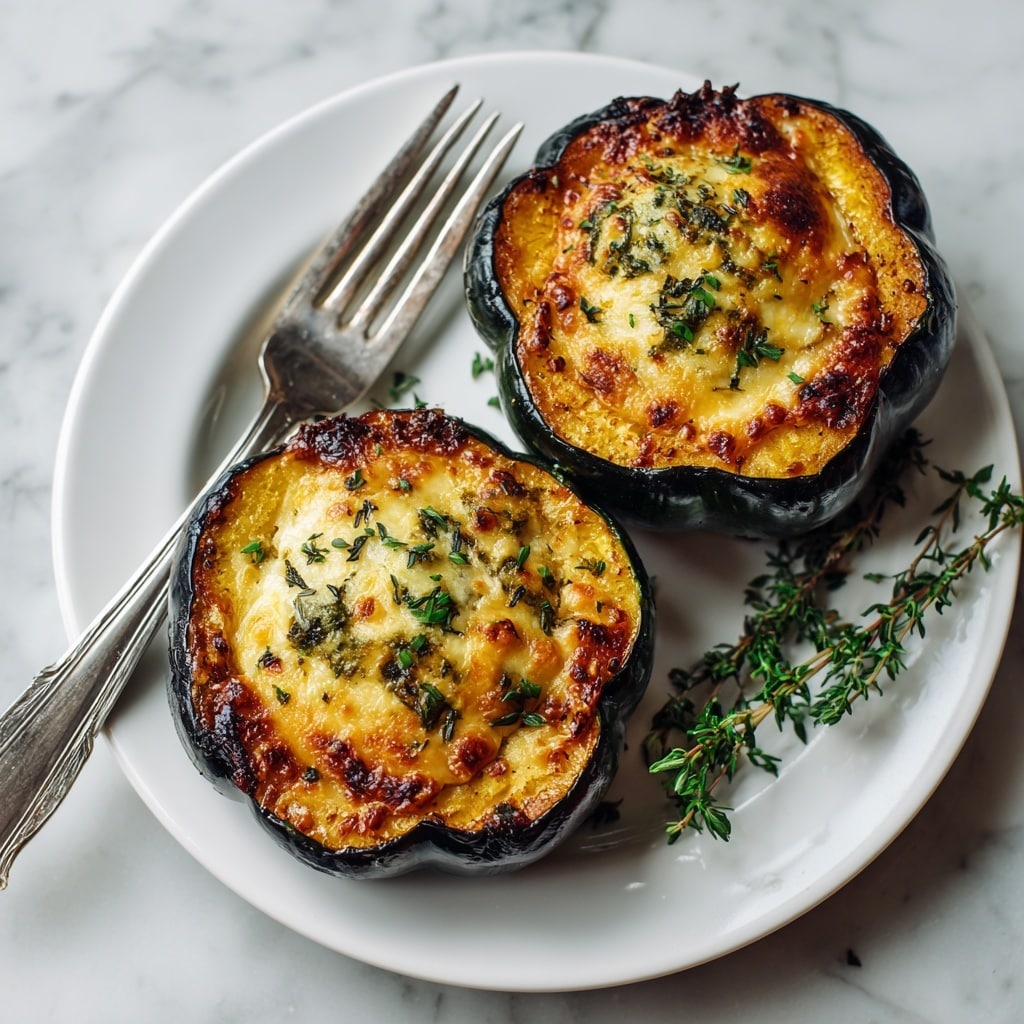 Two roasted acorn squash halves are placed side by side on a white oval plate with a white marbled texture background. Each squash half forms a natural bowl shape with a dark, caramelized brown outer edge and a golden yellow inner flesh. The filling inside each half is a creamy, slightly browned mixture with a soft, textured top that looks cheesy and sprinkled with fresh green herbs, likely thyme, that add a touch of color and freshness. There are a few small bits of browned seasoning on top enhancing the visual appeal. A small bunch of fresh thyme is placed next to the squash on the plate, along with a silver fork on the upper right side. photo taken with an iphone --ar 4:5 --v 7