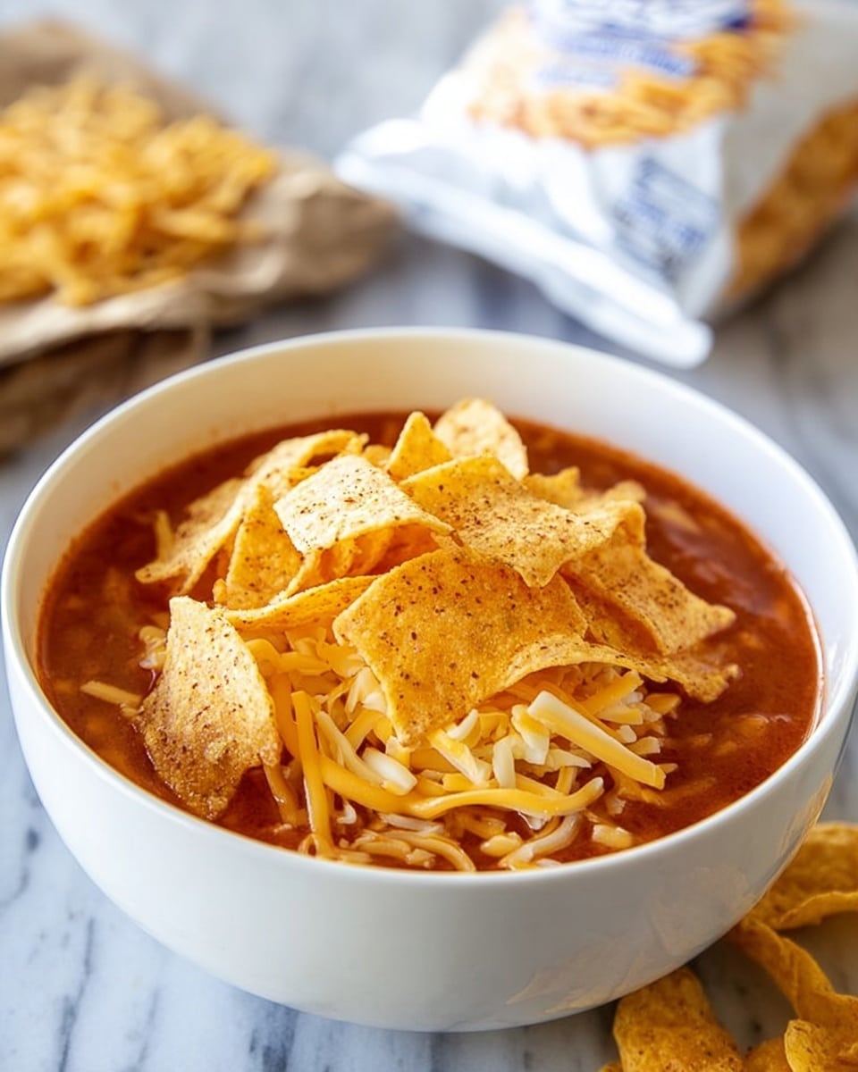 The image shows a white bowl filled with a red soup topped with crispy orange tortilla chips and shredded cheese. The soup layer is smooth and vibrant red, filling most of the bowl. On top, there is a thick layer of golden, crunchy tortilla chips, scattered unevenly to give a textured look. A small pile of shredded yellow-orange cheese rests beside the bowl on a white marbled surface. A silver spoon lies near the bowl, adding a simple touch. In the background, an open yellow bag of tortilla chips is tilted slightly over the bowl, with some chips spilling out. photo taken with an iphone --ar 4:5 --v 7