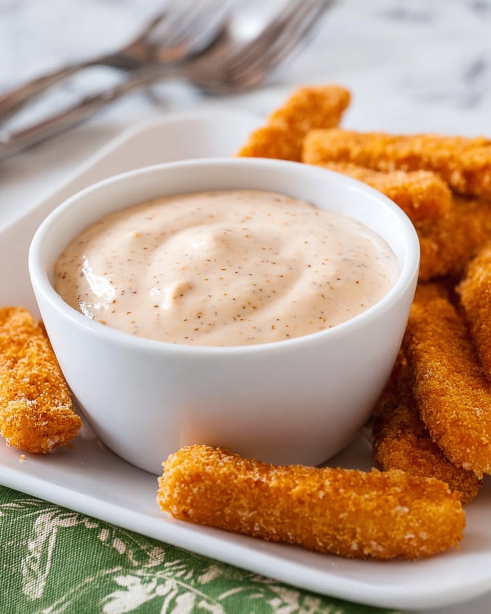 The image shows a white bowl filled with thick, creamy sauce that has a light beige color with small specks throughout, placed on a white rectangular plate. Surrounding the bowl are several golden-brown, crispy fish sticks with a crunchy texture, arranged casually on the plate. The background surface is a white marbled texture, and there are blurred silver forks and knives in the background. A piece of green patterned cloth is partly visible at the bottom edge. Photo taken with an iphone --ar 4:5 --v 7