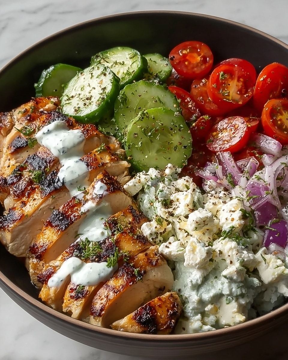 A bowl filled with five main layers is shown. The first layer is grilled chicken sliced into thick pieces with a golden brown, slightly charred surface, placed on the right side. Next to it at the bottom right are small cubed cucumbers with a fresh, light green color. In the center is a mound of white creamy sauce mixed with chopped herbs, topped with fresh dill. To the left of the sauce are halved cherry tomatoes in red and yellow, slightly shiny with hints of herbs on top. On the top left are round cucumber slices with a pale green interior and dark green skin. The bowl is white and set against a white marbled surface. Photo taken with an iphone --ar 4:5 --v 7