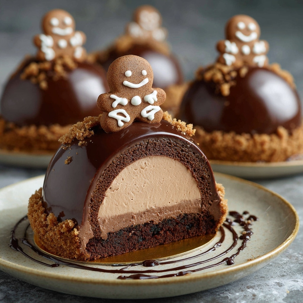 The image shows five shiny, dome-shaped chocolate desserts, each placed on a round golden base. On top of each dome, there is a small gingerbread man cookie standing upright with white icing details. Around the base of each cookie, there is a ring of tiny dark chocolate sprinkles. The domes are smooth and glossy, reflecting light softly, and they sit on a white marbled surface. The composition is neat, with the desserts spaced evenly in a slightly curved line. photo taken with an iphone --ar 4:5 --v 7