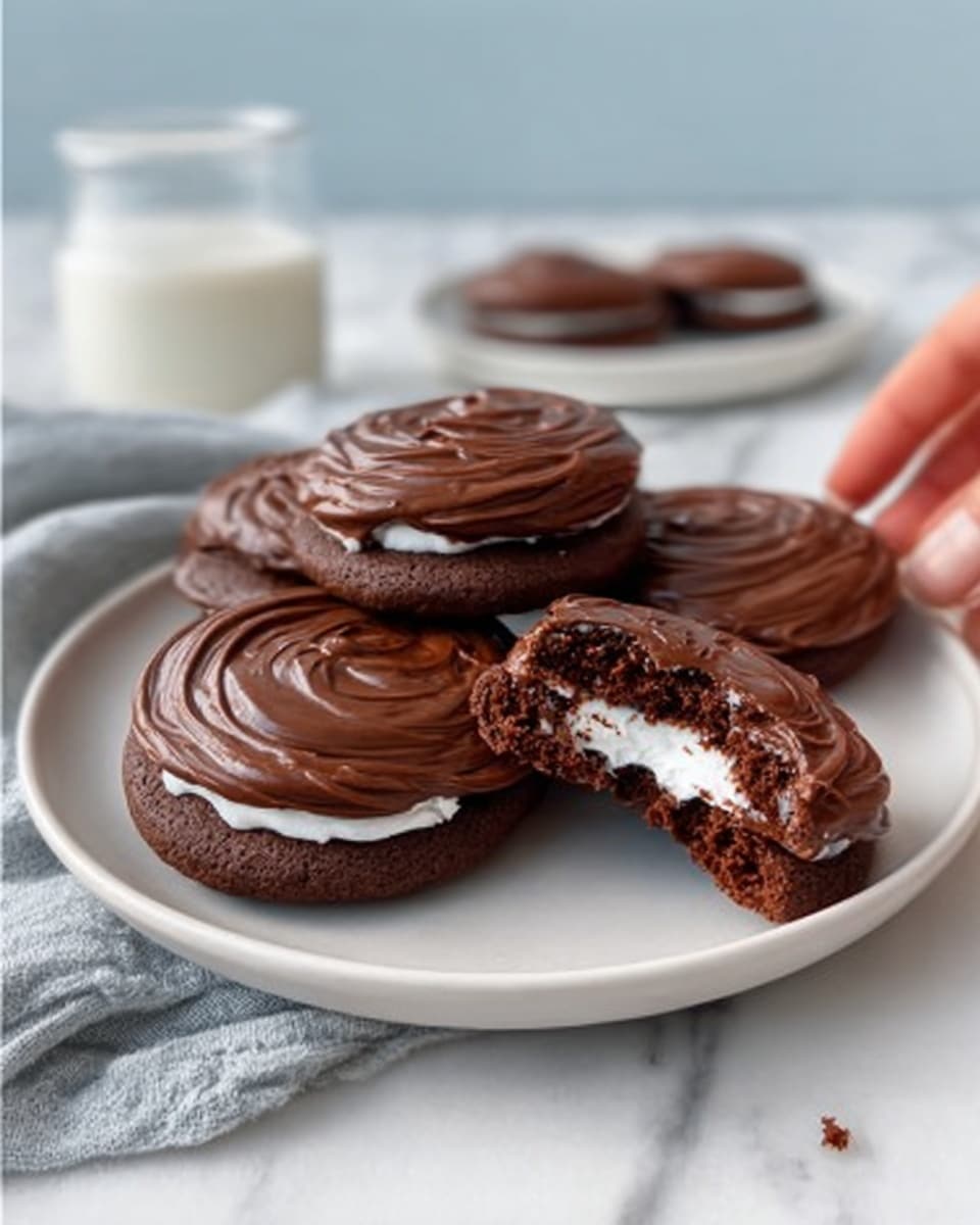 The image shows a white plate with three chocolate sandwich cookies topped with thick, glossy dark chocolate frosting swirls. One cookie is broken in half, revealing a white cream layer inside, with smooth rich chocolate cookie layers around it. The plate sits on a white marbled surface, with a glass and a jug of milk blurred in the background, and a light gray cloth next to them. A woman's hand is about to pick up one of the cookies. photo taken with an iphone --ar 4:5 --v 7
