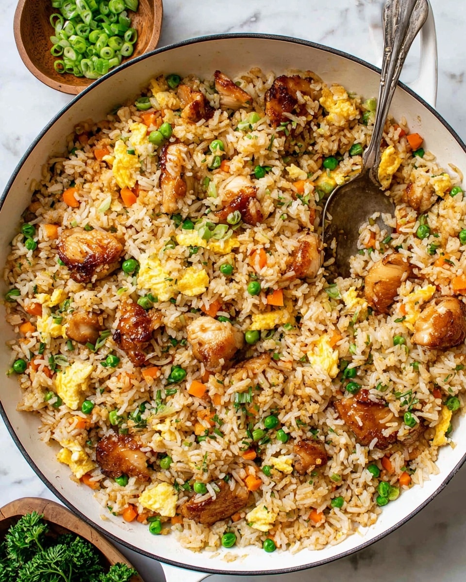 The image shows a bowl of fried rice with several layers and colors. The base layer consists of light brown cooked rice mixed with yellow scrambled eggs and small orange carrot cubes spread evenly. Scattered green peas and chopped green onions add bright green spots throughout the dish. On top and mixed in are shiny, golden-brown grilled chicken pieces with a slightly crispy texture. The bowl is white, and the background surface is a white marbled texture. The photo was taken with an iphone --ar 4:5 --v 7