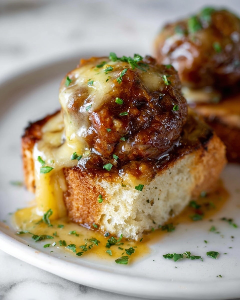 The image shows six meatballs in a black pan, each topped with melted, golden-brown cheese and sprinkled with green herbs. The meatballs have a browned, crispy outer layer, and the cheese is stretchy and gooey as one meatball is lifted by a black spoon, showing a tender, moist inside. The pan rests on a white marbled surface, adding soft contrast to the rich, warm colors of the dish. photo taken with an iphone --ar 4:5 --v 7