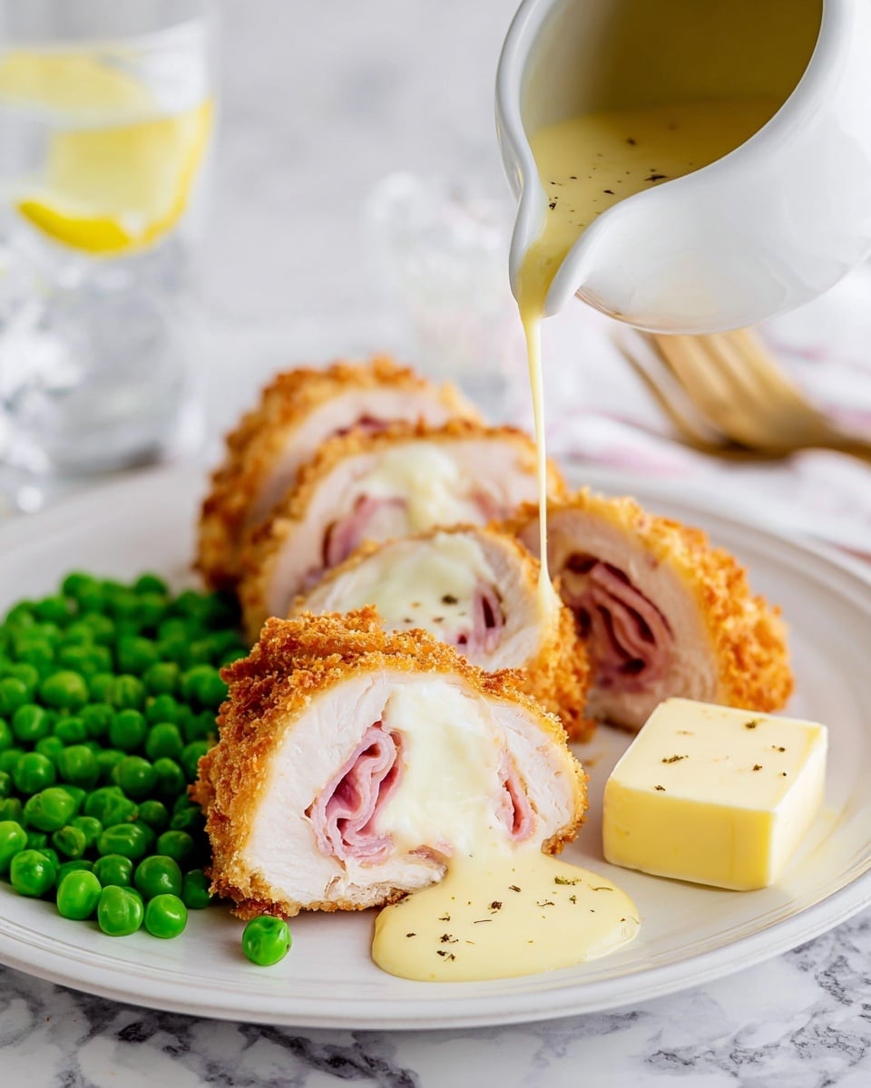 The image shows a white plate with three thick slices of golden-brown breaded chicken stuffed with pink ham and white melted cheese, arranged in a row in the foreground. Green peas are piled next to the chicken, with a square pat of pale yellow butter sprinkled with black pepper on top. Creamy light yellow sauce is being poured from a white jug onto the front chicken slice, creating a smooth flow and coating effect. The background is a white marbled surface with a blurred glass of water with a lemon slice and a gold fork partially visible. photo taken with an iphone --ar 4:5 --v 7