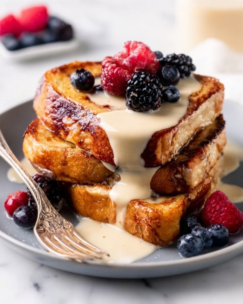 A stack of four thick slices of golden-brown French toast placed on a white plate sits on a white marbled surface. The French toast has a slightly crispy texture with darker caramelized spots on top. Creamy pale yellow sauce is poured over the top slice, flowing down the sides in a thick stream, held by a woman's hand. Around the plate, there are fresh blueberries, blackberries, and raspberries adding bright blue, black, and red colors to the presentation. In the background, a small white bowl with more berries is slightly blurred, enhancing the focus on the toast. Photo taken with an iphone --ar 4:5 --v 7