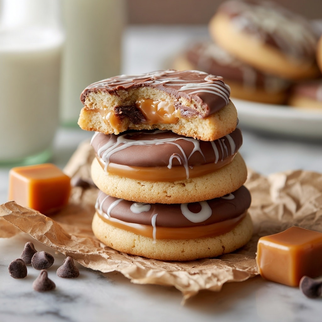 The image shows a stack of five pancakes on a white plate, each pancake layer is golden brown and fluffy. From bottom to top: the first and third pancakes have a smooth white cream layer on top, the second and fourth pancakes are topped with a thick shiny dark brown chocolate layer, and on the top pancake, there is a smooth caramel-colored sauce spread with some chopped nuts and small pieces of candy bars sprinkled over it. Around the plate on a white marbled surface, there are two candy bars, some chocolate chips, and a blurred glass of milk in the background. photo taken with an iphone --ar 4:5 --v 7