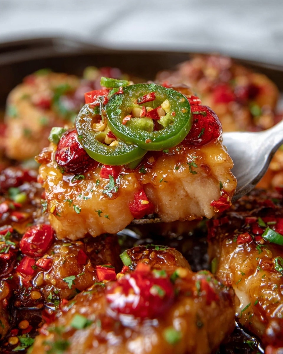 A black cast iron pan filled with six pieces of golden-brown cooked chicken thighs, each topped with green jalapeno slices. Bright red raspberries are scattered all over and between the chicken pieces, adding vibrant color contrast. The chicken sits in a glossy sauce that has a dark and shiny texture, with small bits of herbs visible on the chicken. The pan is placed on a white marbled surface, and fresh green jalapeno peppers and more raspberries are near the pan’s edge. photo taken with an iphone --ar 4:5 --v 7