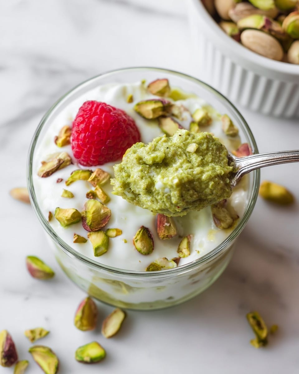 A close-up view of a small glass bowl filled with a dessert in layers, starting with a white creamy base, topped with chopped green pistachios scattered across the surface, and a single bright red raspberry placed near the center. A spoon holds a scoop of a green, thick, textured layer mixed with the white cream, creating a contrast of smooth and chunky textures. The bowl sits on a white marbled surface, with some loose pistachios nearby and part of a white container filled with more pistachios visible in the background. Photo taken with an iphone --ar 4:5 --v 7