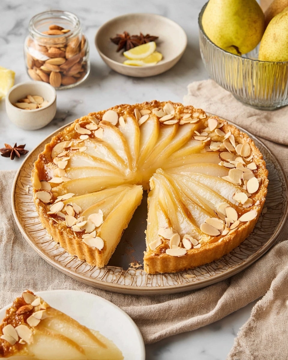 A round tart with a golden crust and a detailed edge sits on a textured beige plate. Inside, there are five large sections of thinly sliced, pear-colored fruit neatly arranged in a fan shape on top of a light creamy filling. The tart is topped with scattered light tan almond slices mostly around the edges. One slice is removed and placed on a small white plate at the front, showing the layers of crust and fruit clearly. In the background, a clear glass bowl with three whole pears, a glass jar filled with sliced almonds, and small white dishes with lemon slices and star anise sit on a white marbled surface with a beige linen cloth underneath the plate. Photo taken with an iphone --ar 4:5 --v 7