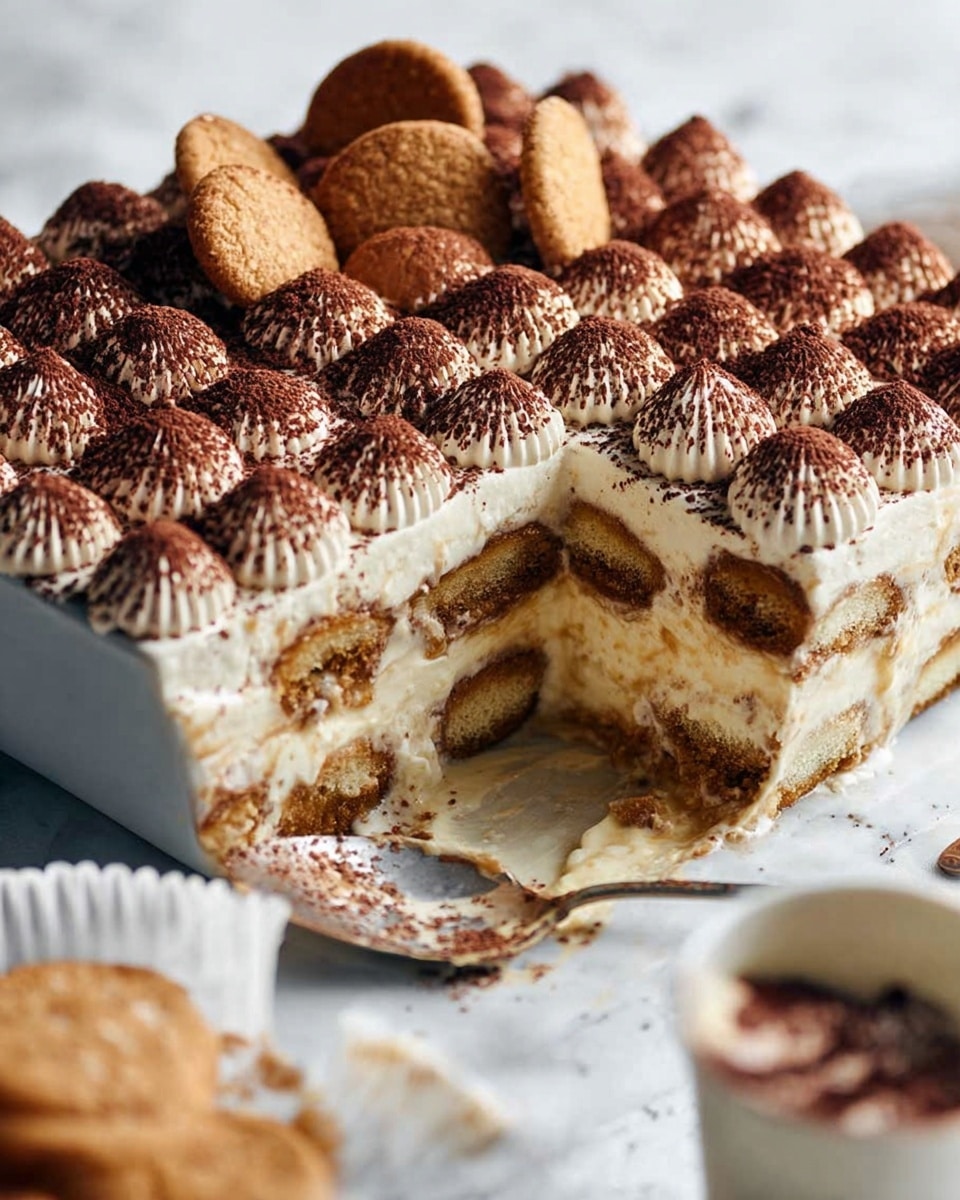The image shows a square slice of a layered dessert on a white plate with subtle ridges around the edge, placed on a white marbled surface. The dessert has three visible layers: a bottom layer of creamy light brown filling dotted with small cookies or biscuit pieces, a middle layer of white cream, and a top layer made of white cream topped with crumbled dark brown chunks and a small gingerbread cookie shaped like a person standing upright in the center. The background is softly blurred with warm tones. Photo taken with an iphone --ar 4:5 --v 7