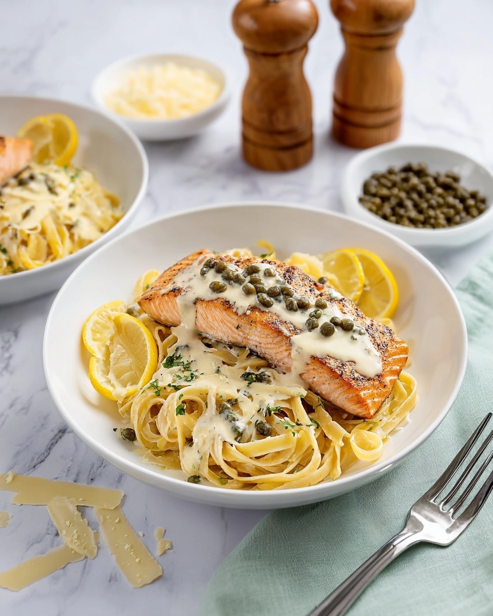 The image shows four cooked salmon fillets with a golden brown color and slightly crispy texture, arranged closely together in a black pan. Each fillet is topped with thin, round lemon slices and sprinkled with small green capers and finely chopped green herbs. The pan is filled with a creamy white sauce that surrounds the salmon, adding a smooth and rich contrast. The background surface is a white marbled texture. photo taken with an iphone --ar 4:5 --v 7