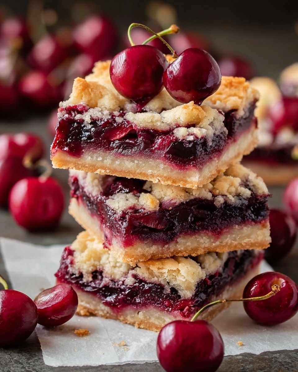 The image shows square cherry dessert bars placed on white parchment paper over a white marbled surface. Each bar has three layers: a light golden brown base, a thick middle layer of bright red cherry filling with whole cherries embedded, and a thin white icing drizzle zigzagged across the top. Additional whole cherries are placed on top of each bar, some with stems. Small nut pieces are sprinkled around the bars, adding texture. The bars are neatly arranged in rows, and there are festive green pine branches and extra cherries scattered in the background. The lighting is soft and natural, enhancing the vibrant colors and moist textures. photo taken with an iphone --ar 4:5 --v 7