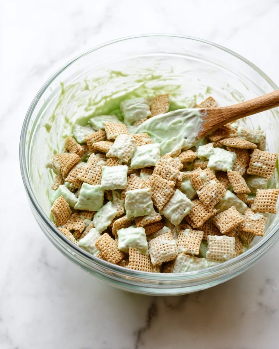 A white bowl filled with small, square, light green waffle-like snacks, some dusted with powdered sugar and others coated halfway in green icing topped with small pieces of pistachio nuts. The snacks have a textured, grid pattern and are piled high in the bowl with a few scattered around it on a white marbled surface. The green icing looks smooth and creamy, contrasting with the powdery white sugar on other pieces. Photo taken with an iphone --ar 4:5 --v 7