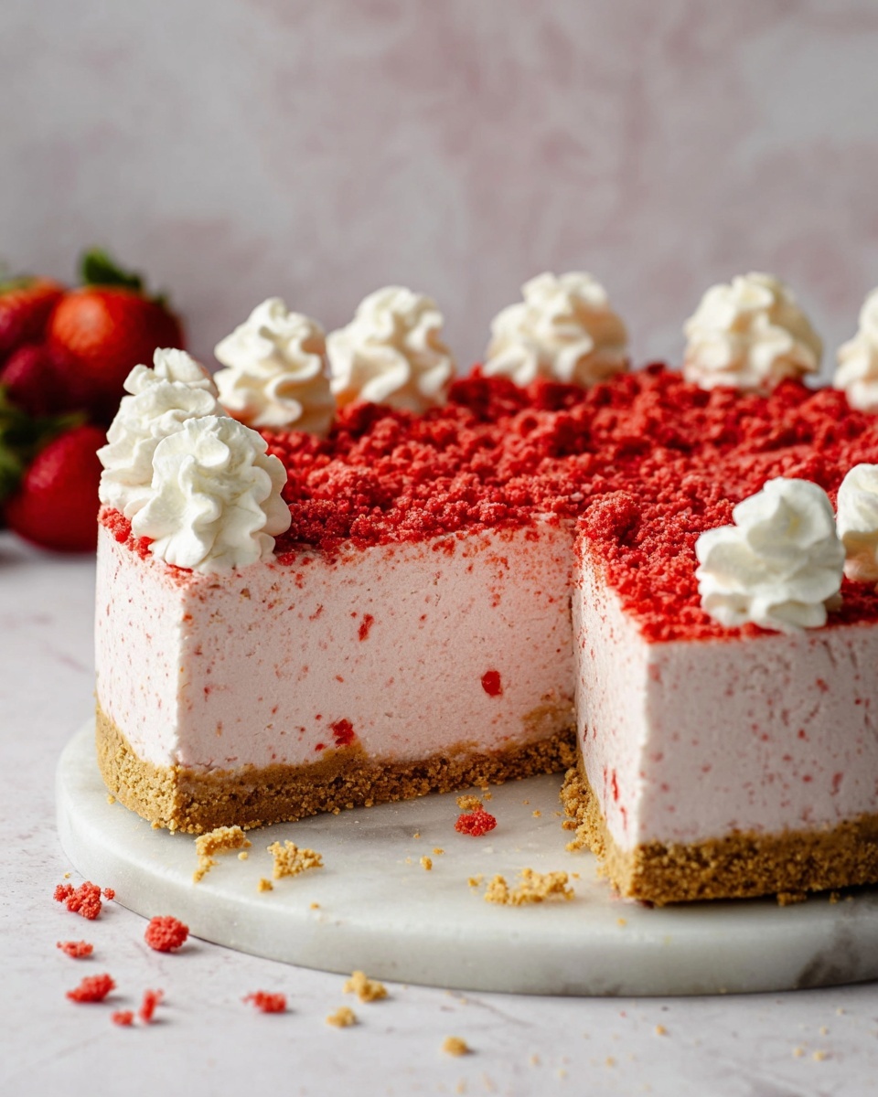 The image shows a strawberry cheesecake with three main layers on a white marbled surface. The bottom layer is a thick, crumbly, golden brown crust. The middle layer is a thick, smooth, light pink cheesecake filling. The top layer is covered with bright red crushed strawberry bits giving a rough texture, along with dollops of white whipped cream evenly spaced around the edge. Some crumbs and strawberry bits are scattered on the white marbled surface around the cheesecake. In the soft-focus background, whole fresh strawberries are partly visible. photo taken with an iphone --ar 4:5 --v 7
