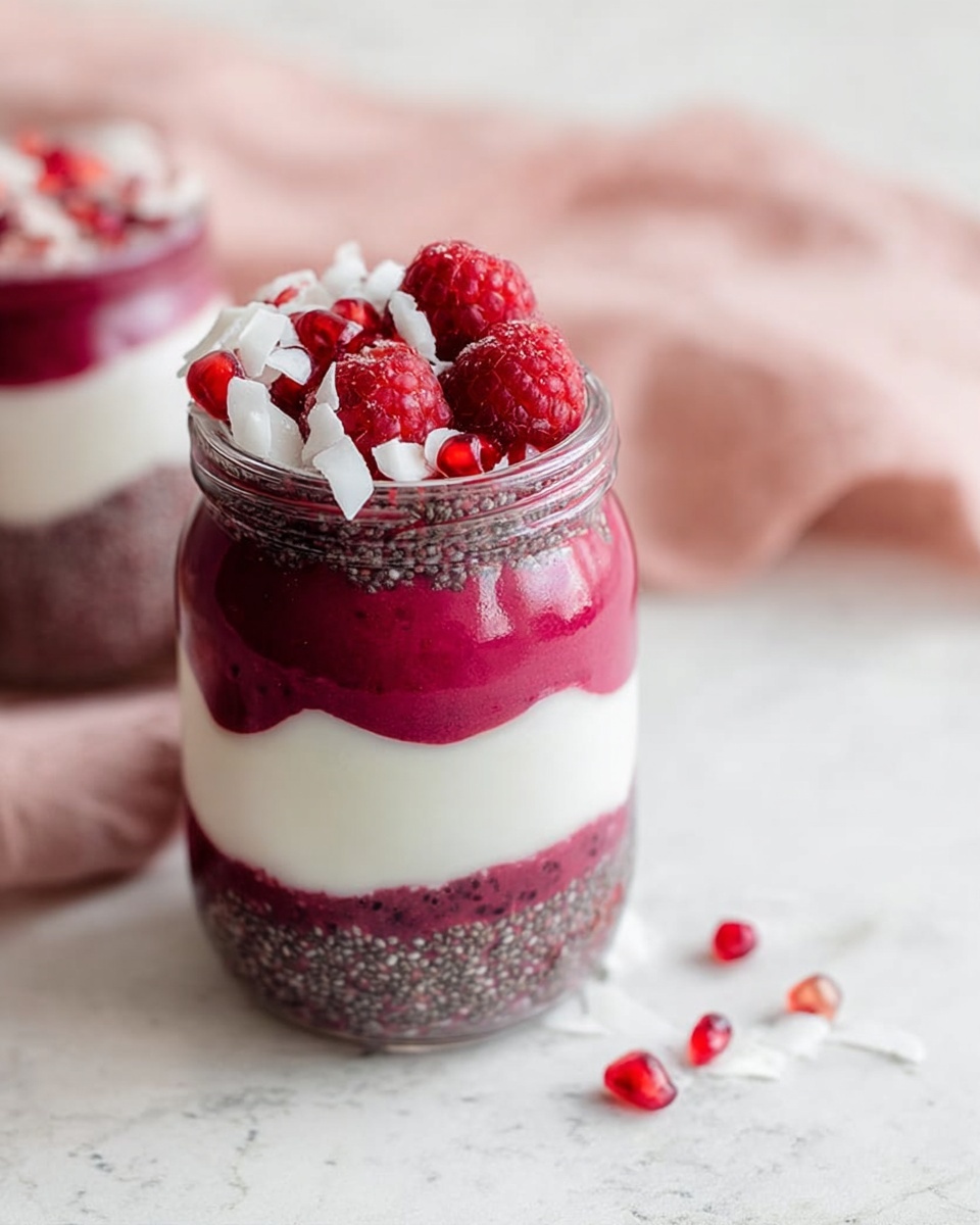 The image shows three clear glass jars with layered desserts on a white marbled surface. Each jar has about five layers. The bottom layer is dark purple with visible seeds, followed by a thick white creamy layer. Above this is a bright magenta-red smooth layer, then another dark purple seed-filled layer. On top, there is a finish of bright magenta-red with some small red fruits and white shavings. One jar at the front has a silver spoon inside. Photo taken with an iphone --ar 4:5 --v 7